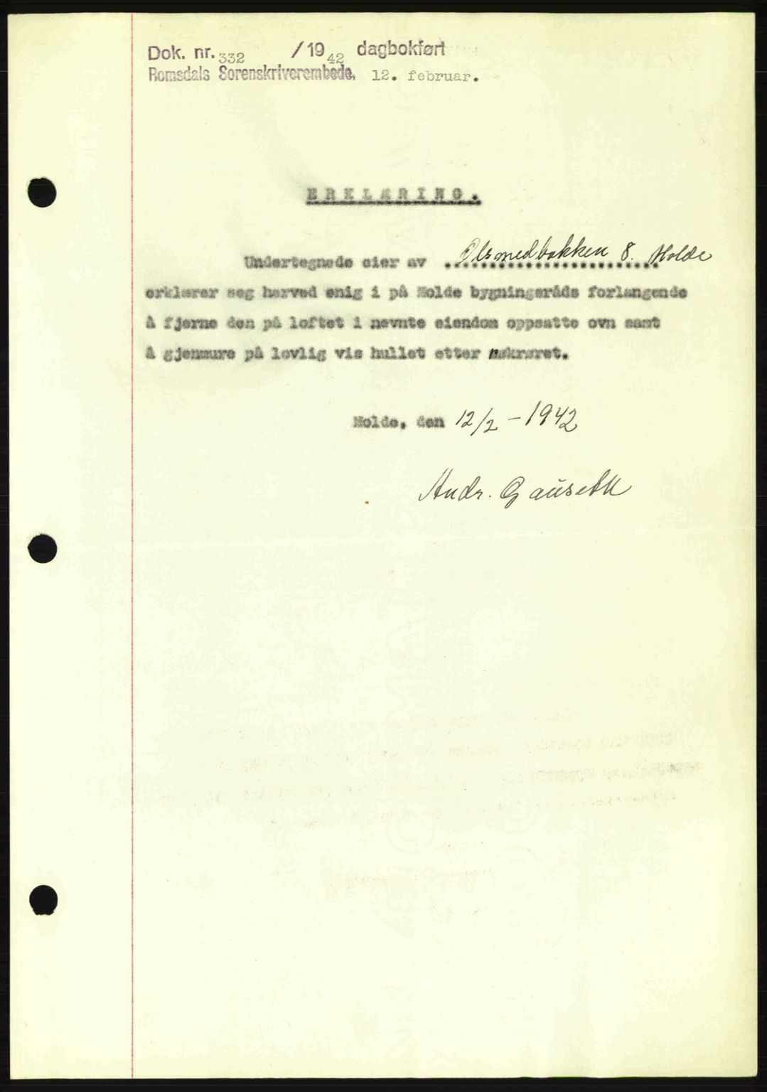 Romsdal sorenskriveri, AV/SAT-A-4149/1/2/2C: Mortgage book no. B2, 1939-1945, Diary no: : 332/1942