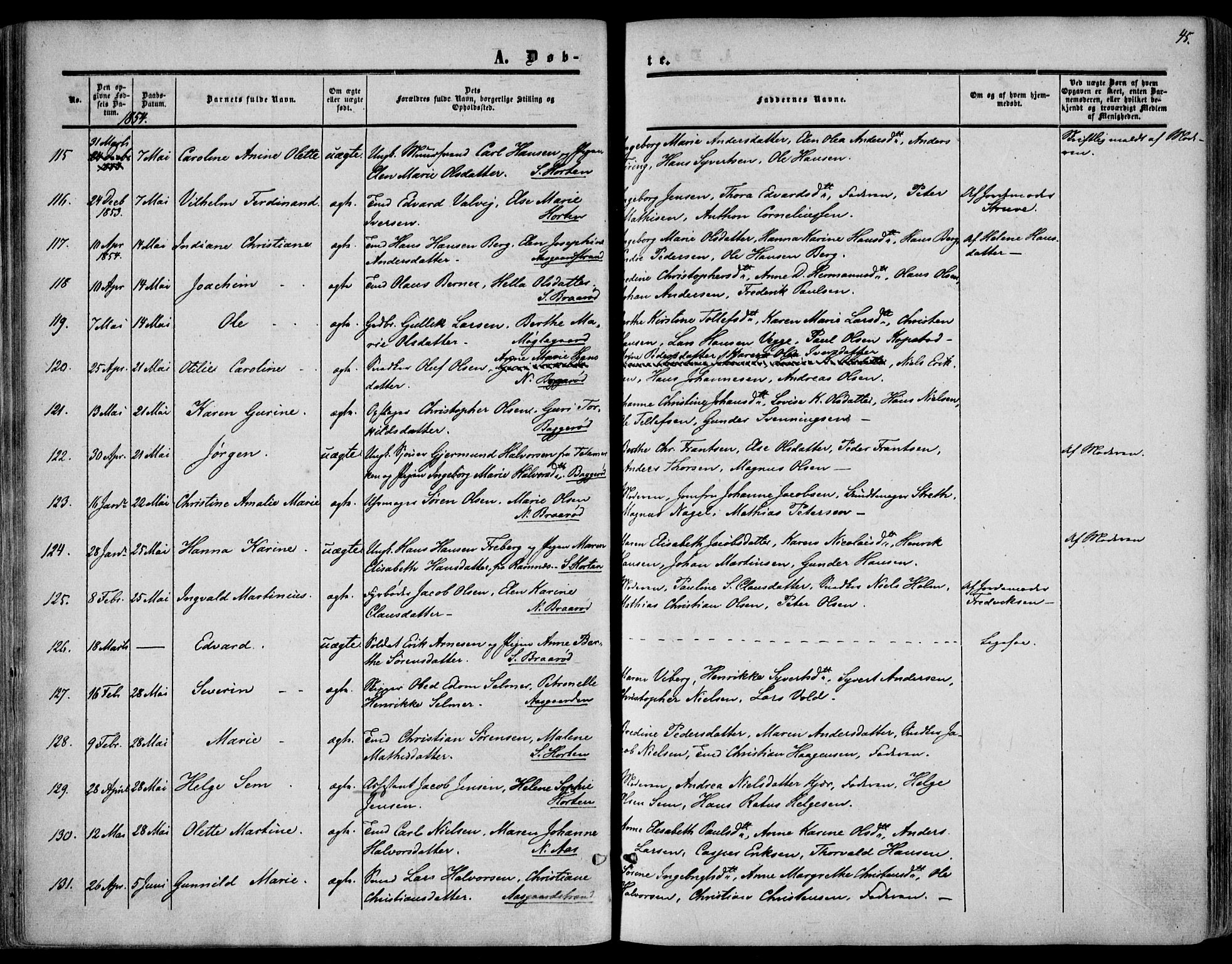 Borre kirkebøker, SAKO/A-338/F/Fa/L0006: Parish register (official) no. I 6, 1852-1862, p. 45