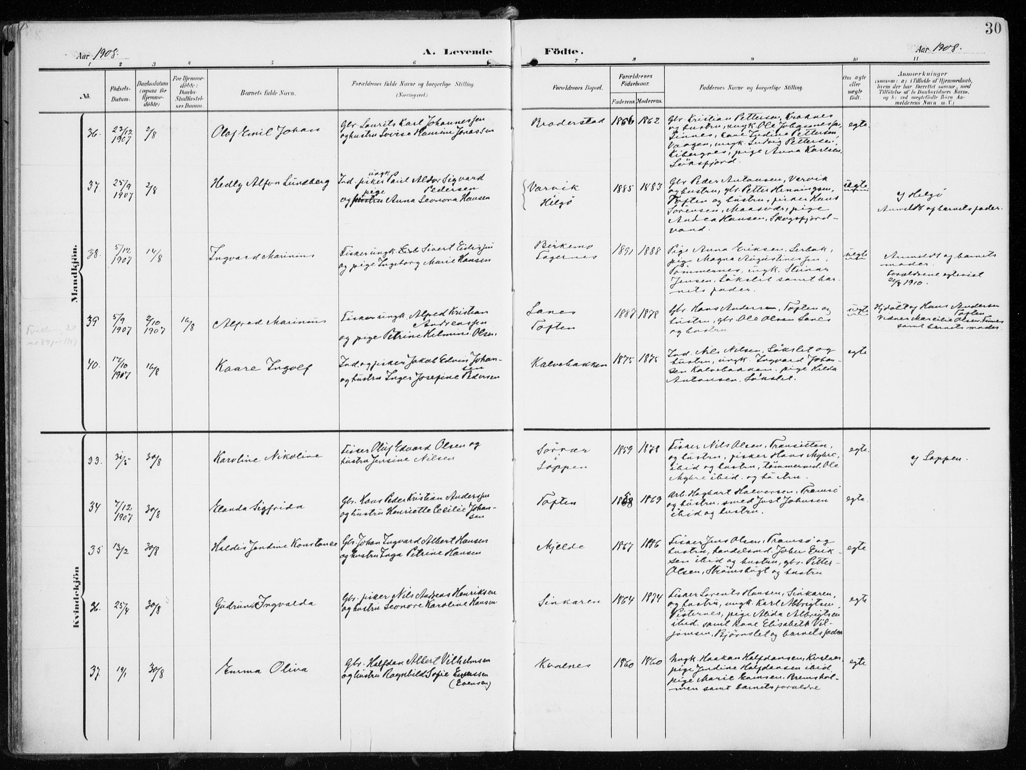 Tromsøysund sokneprestkontor, AV/SATØ-S-1304/G/Ga/L0007kirke: Parish register (official) no. 7, 1907-1914, p. 30