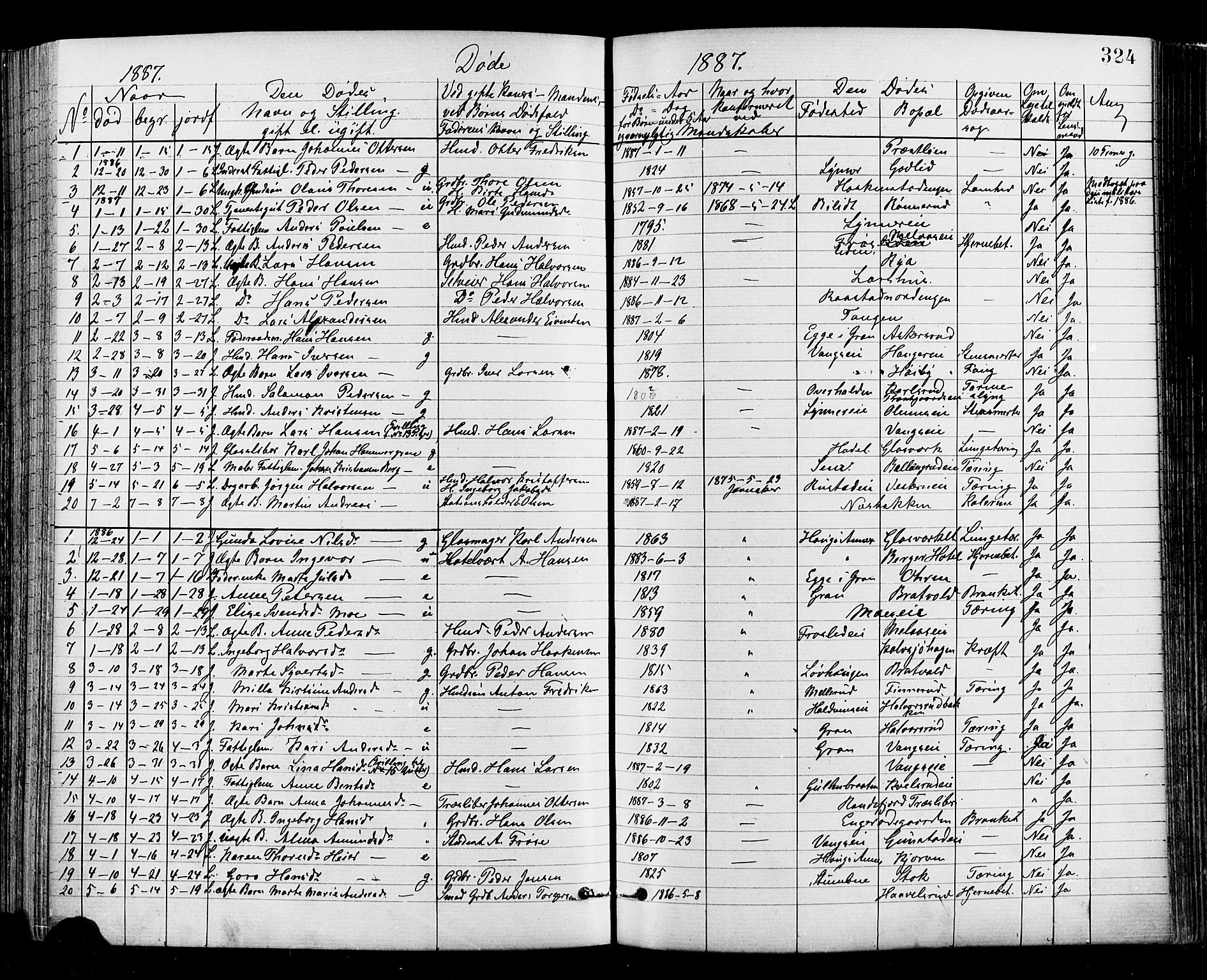 Jevnaker prestekontor, SAH/PREST-116/H/Ha/Haa/L0008: Parish register (official) no. 8, 1877-1890, p. 324