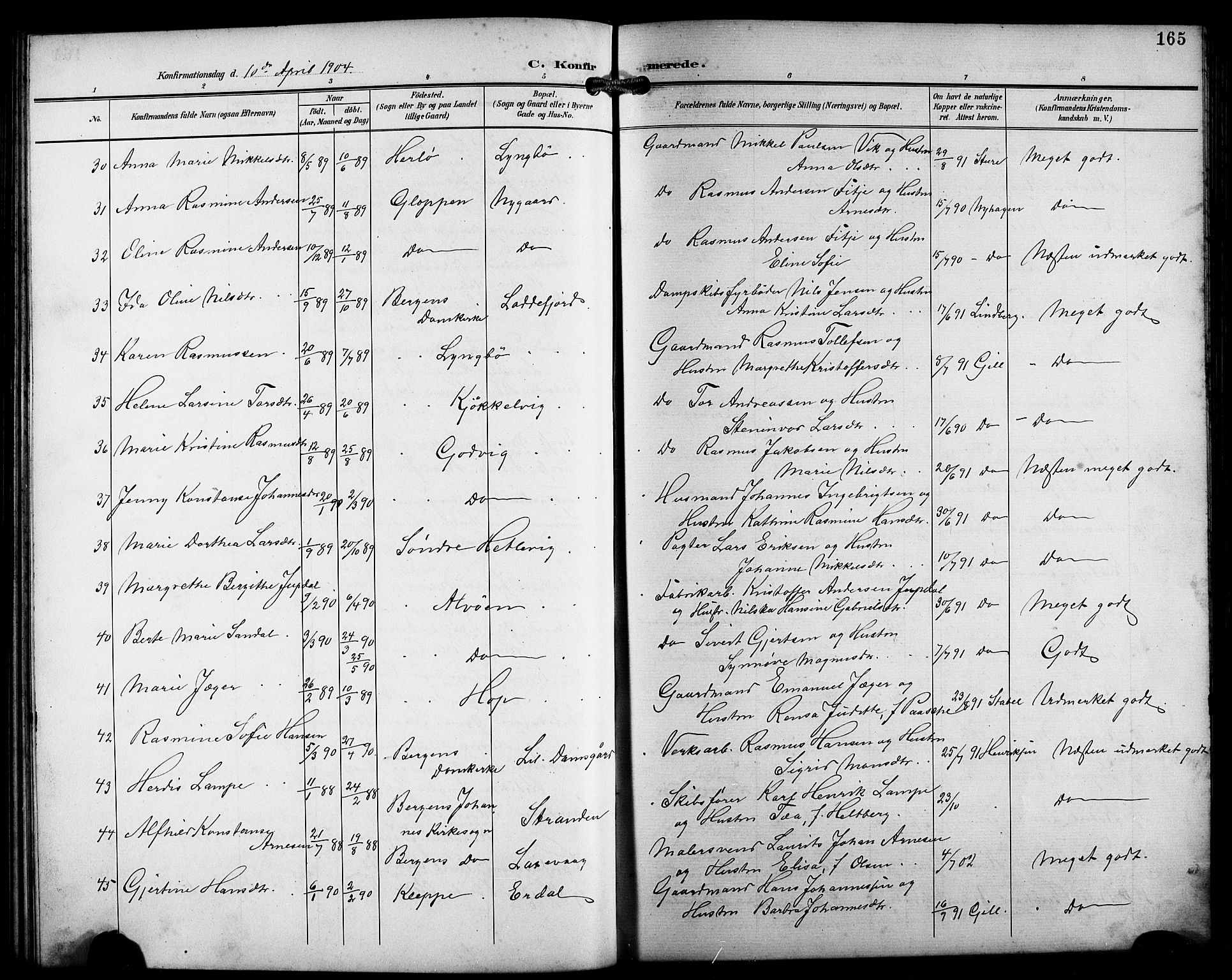 Laksevåg Sokneprestembete, SAB/A-76501/H/Ha/Hab/Haba/L0004: Parish register (copy) no. A 4, 1899-1909, p. 165