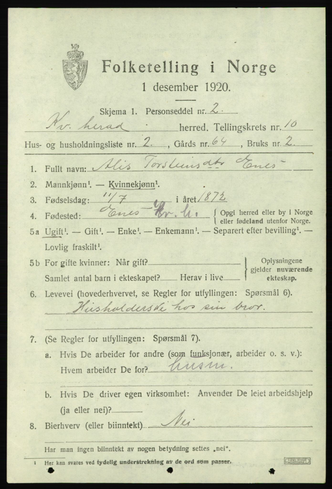 SAB, 1920 census for Kvinnherad, 1920, p. 6908