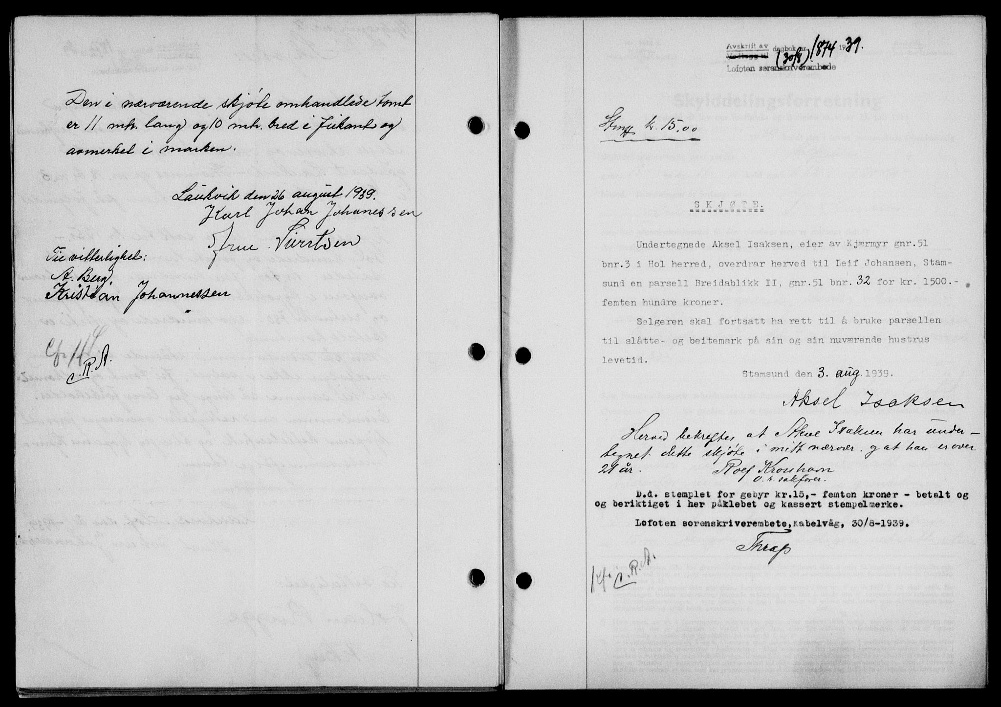 Lofoten sorenskriveri, SAT/A-0017/1/2/2C/L0006a: Mortgage book no. 6a, 1939-1939, Diary no: : 1874/1939