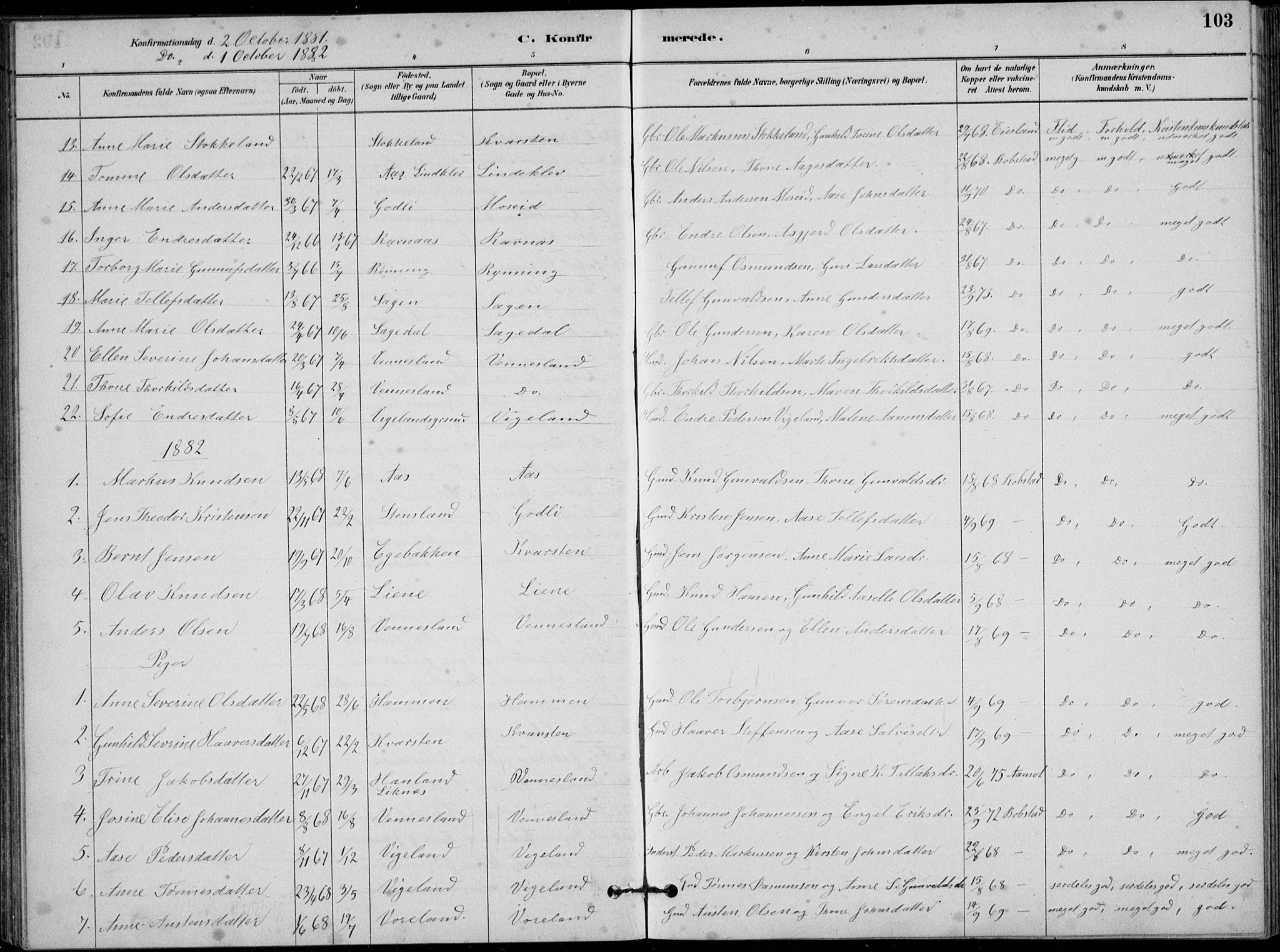 Vennesla sokneprestkontor, AV/SAK-1111-0045/Fb/Fbb/L0003: Parish register (copy) no. B 3, 1879-1893, p. 103