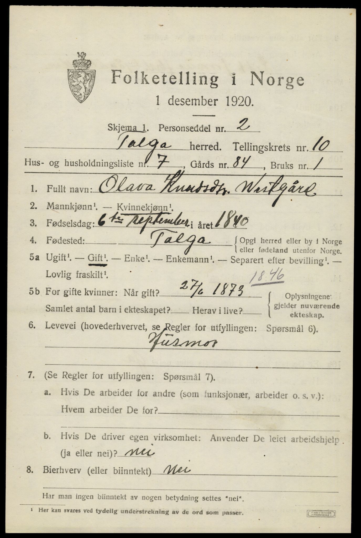 SAH, 1920 census for Tolga, 1920, p. 4969