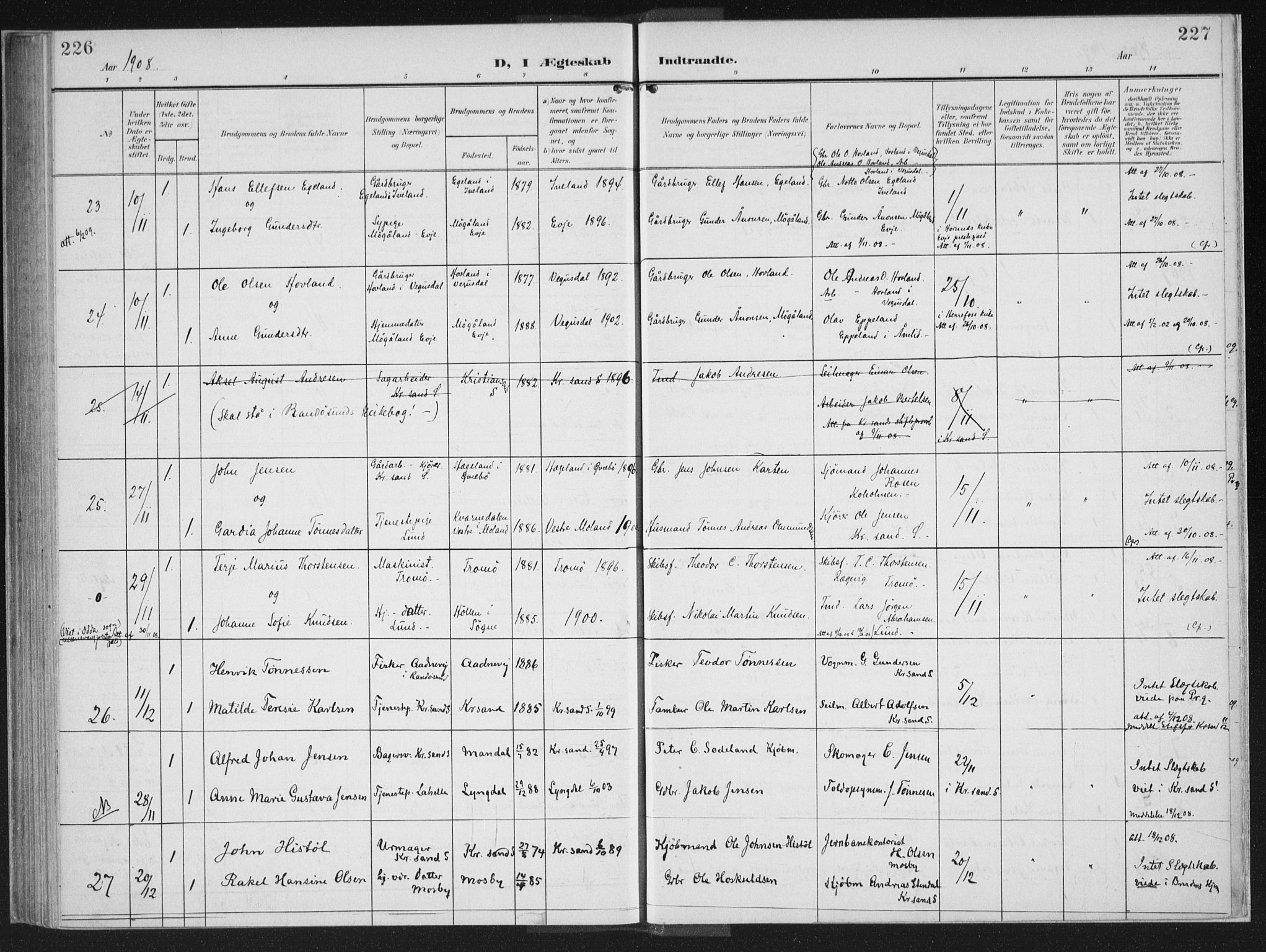 Oddernes sokneprestkontor, AV/SAK-1111-0033/F/Fa/Faa/L0011: Parish register (official) no. A 11, 1904-1911, p. 226-227