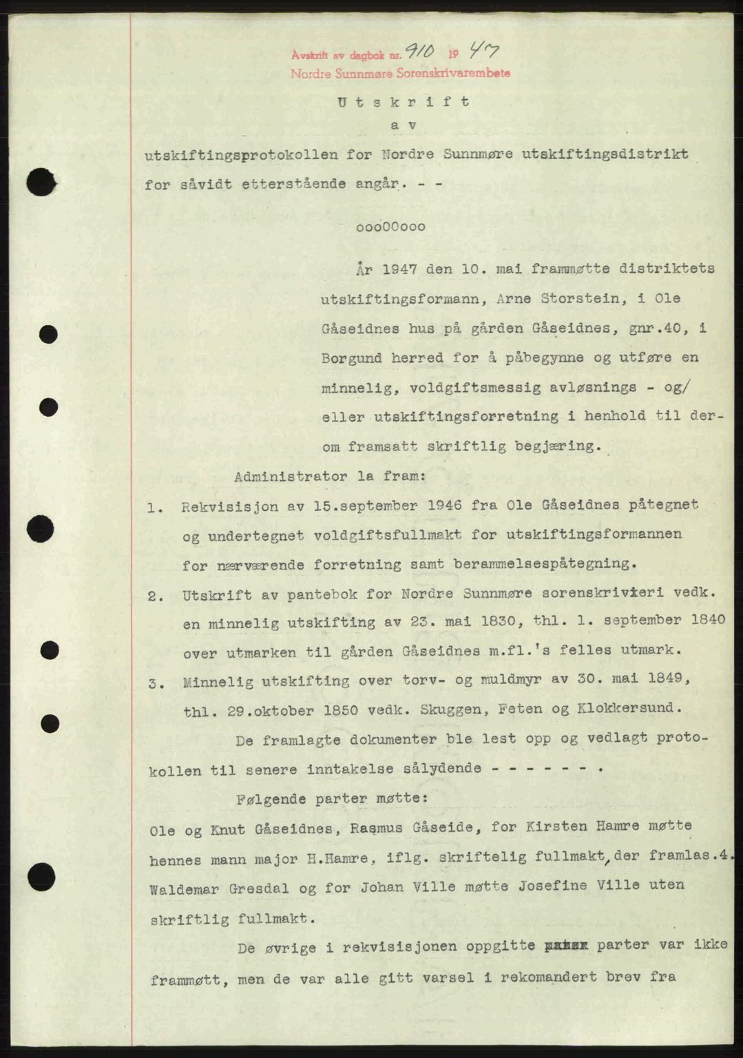 Nordre Sunnmøre sorenskriveri, AV/SAT-A-0006/1/2/2C/2Ca: Mortgage book no. A24, 1947-1947, Diary no: : 910/1947