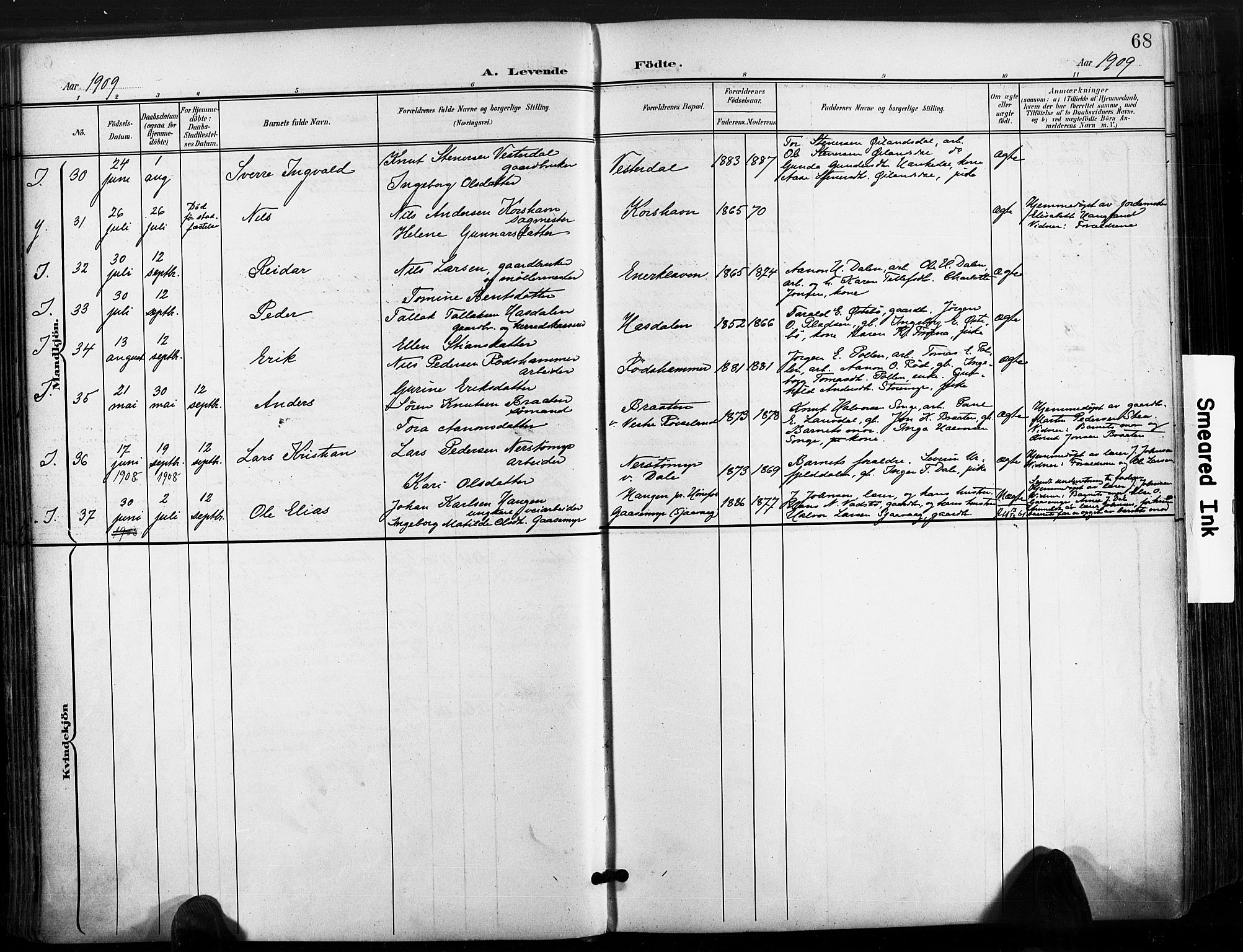 Søndeled sokneprestkontor, AV/SAK-1111-0038/F/Fa/L0006: Parish register (official) no. A 6, 1900-1922, p. 68