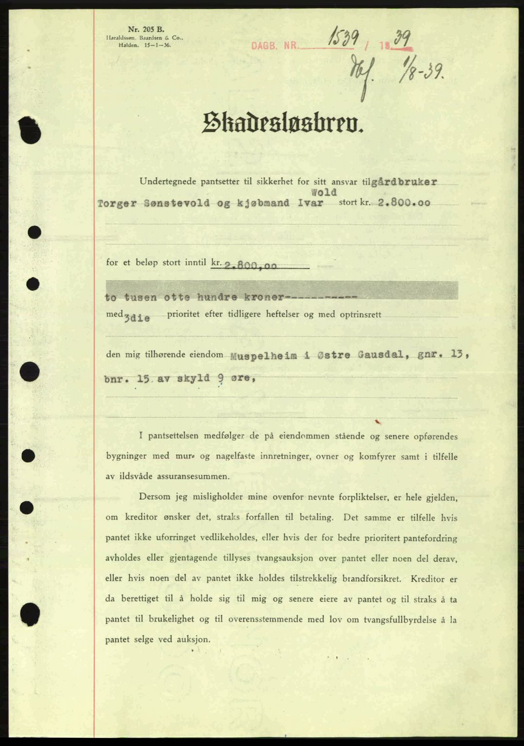 Sør-Gudbrandsdal tingrett, SAH/TING-004/H/Hb/Hbe/L0001: Mortgage book no. B1, 1936-1939, Diary no: : 1539/1939