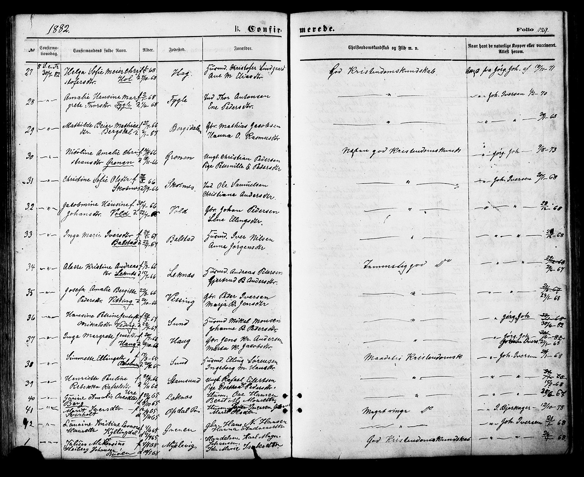 Ministerialprotokoller, klokkerbøker og fødselsregistre - Nordland, AV/SAT-A-1459/881/L1166: Parish register (copy) no. 881C03, 1876-1885, p. 129