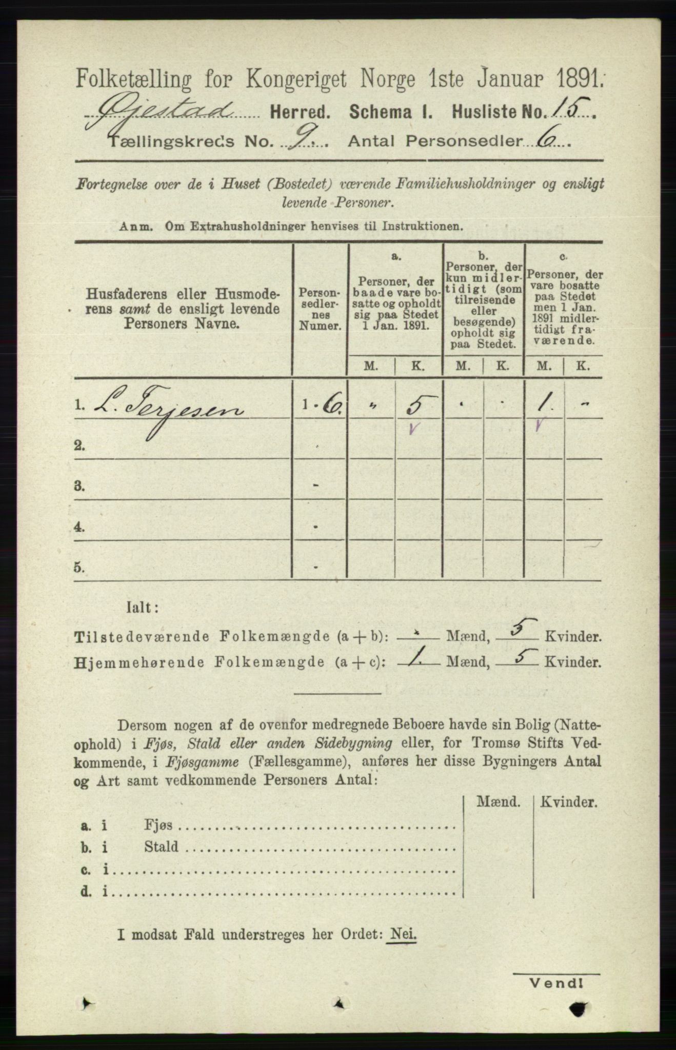 RA, 1891 census for 0920 Øyestad, 1891, p. 3486