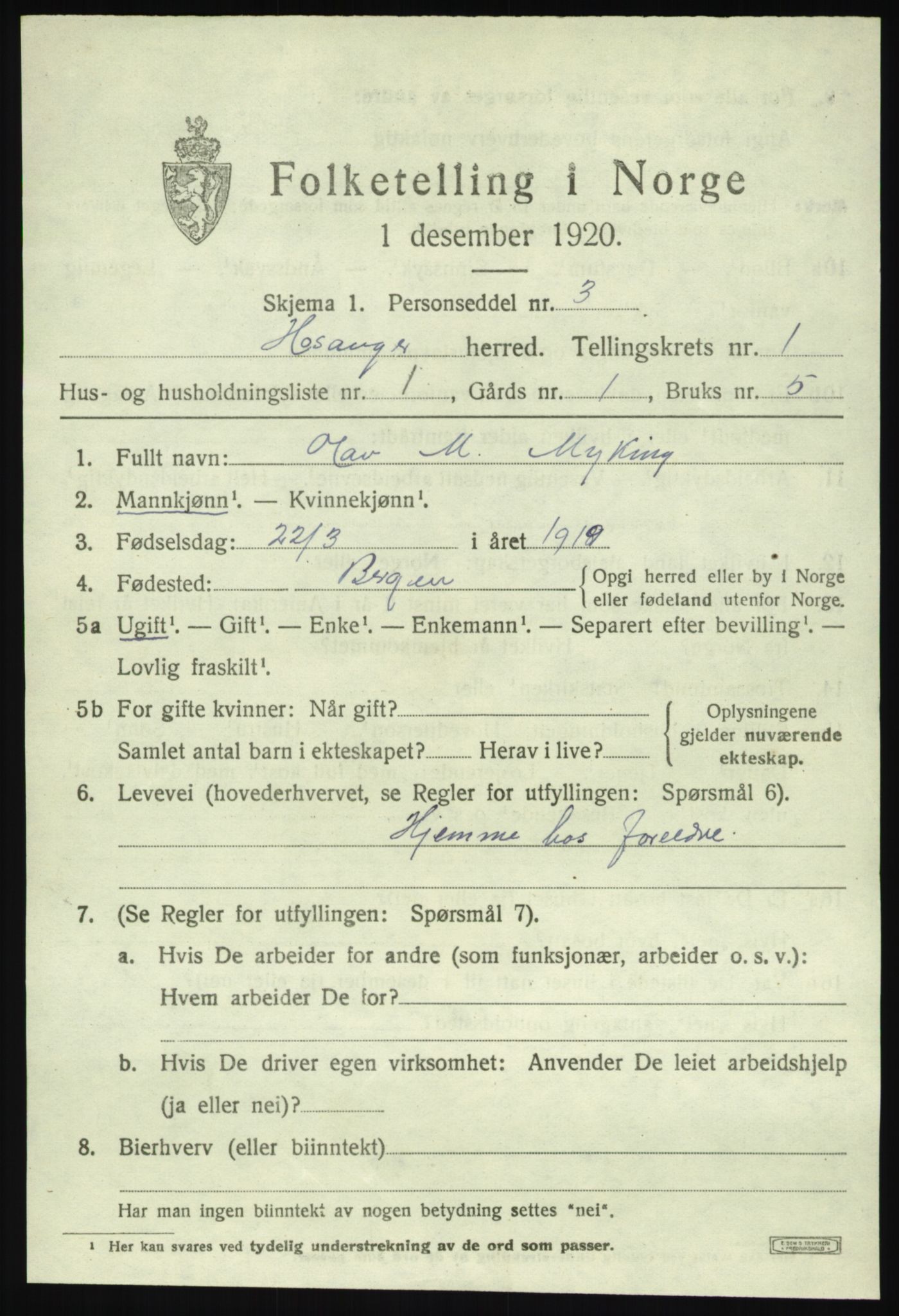 SAB, 1920 census for Hosanger, 1920, p. 921