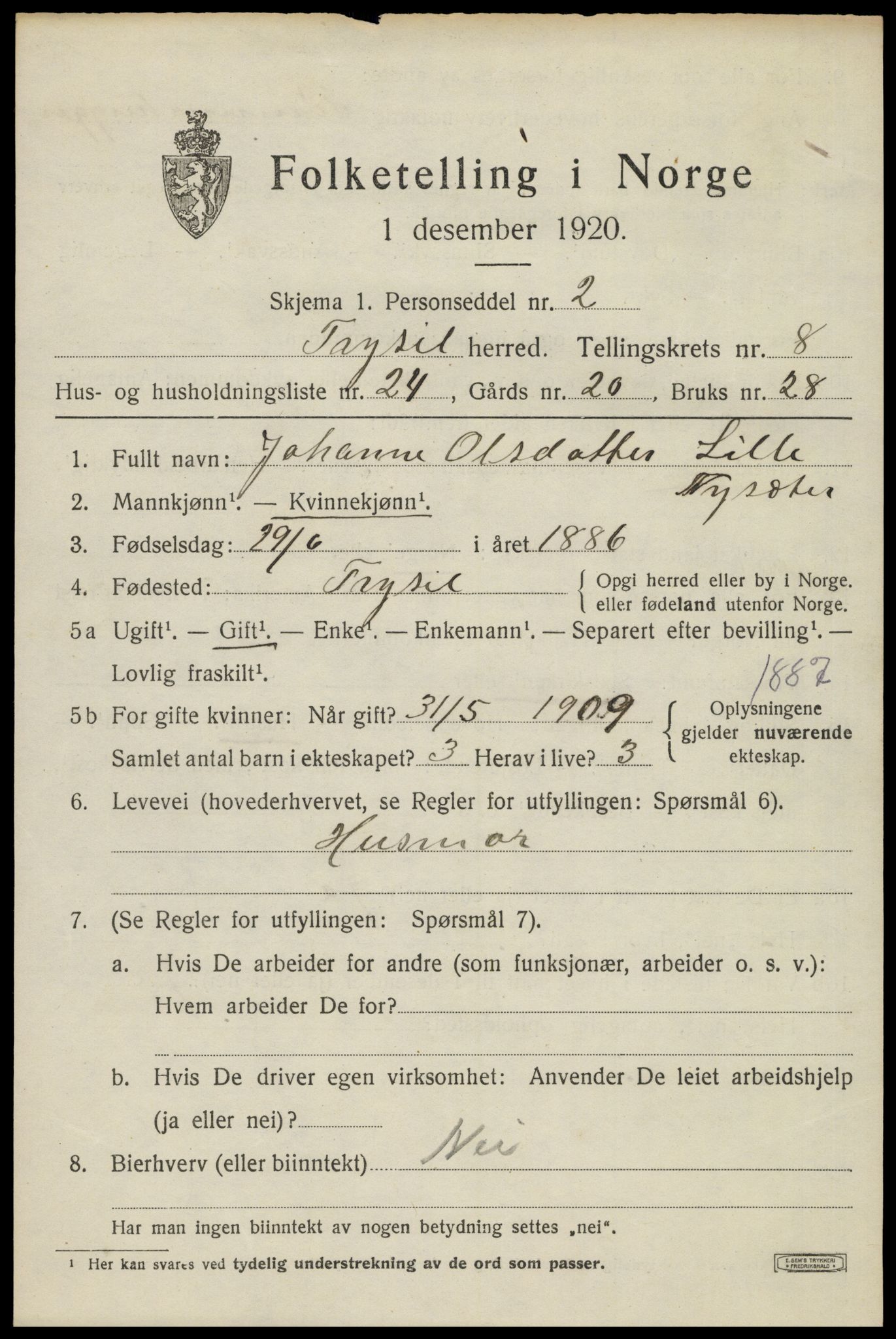 SAH, 1920 census for Trysil, 1920, p. 6521
