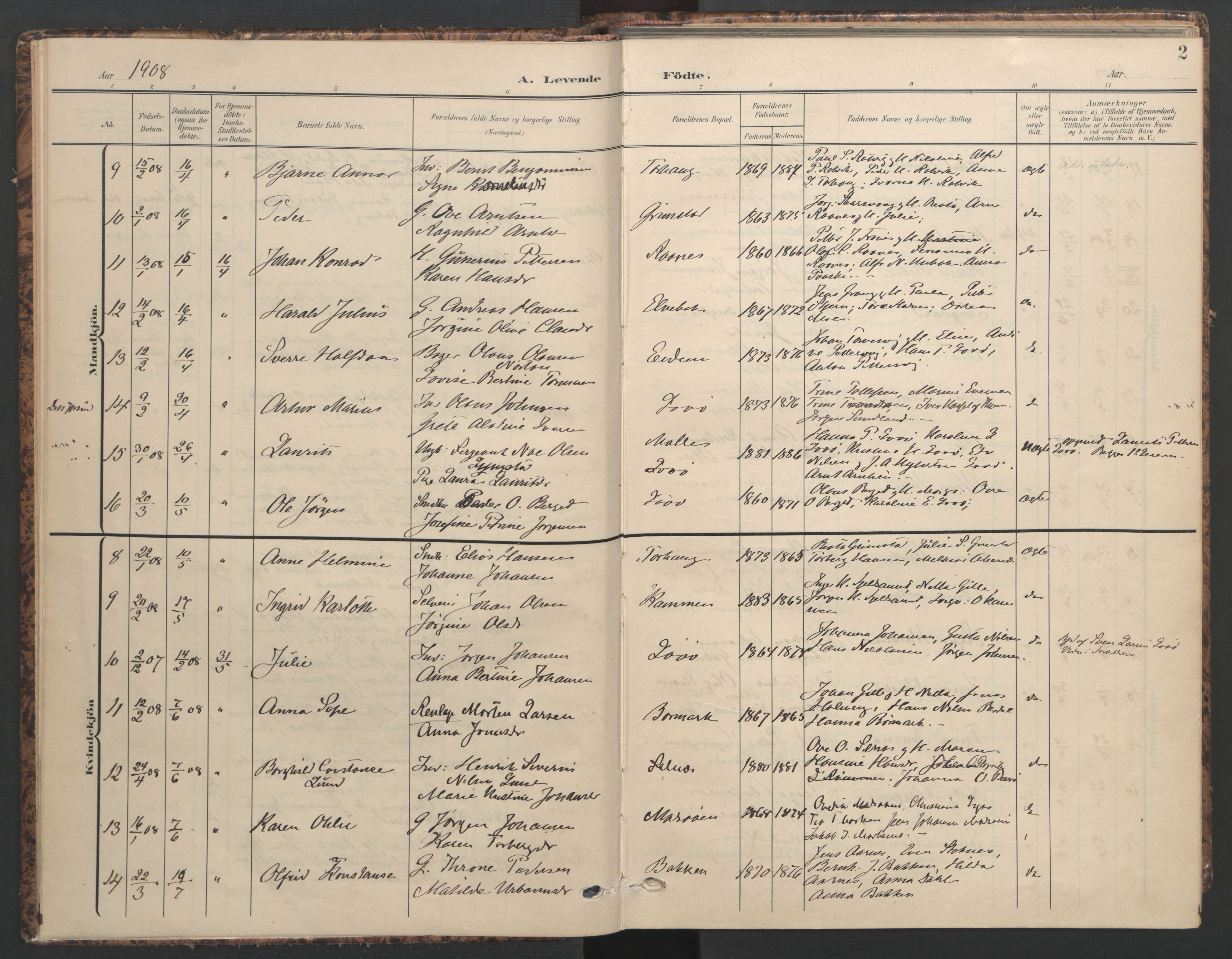 Ministerialprotokoller, klokkerbøker og fødselsregistre - Sør-Trøndelag, SAT/A-1456/655/L0682: Parish register (official) no. 655A11, 1908-1922, p. 2