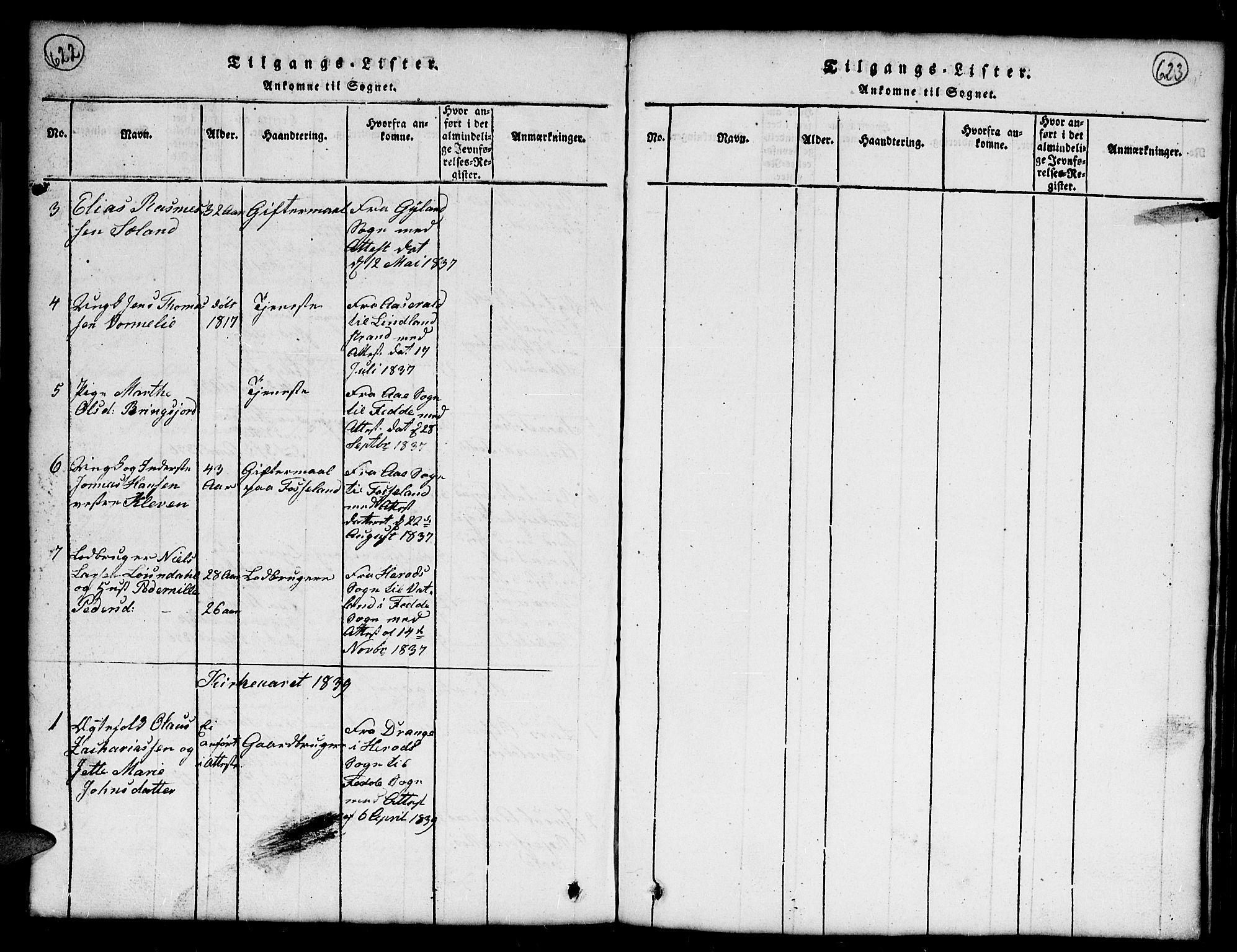 Kvinesdal sokneprestkontor, AV/SAK-1111-0026/F/Fb/Fba/L0001: Parish register (copy) no. B 1, 1815-1839, p. 622-623