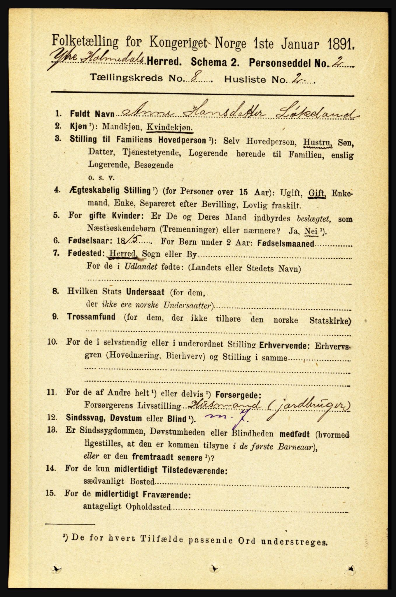 RA, 1891 census for 1429 Ytre Holmedal, 1891, p. 1769