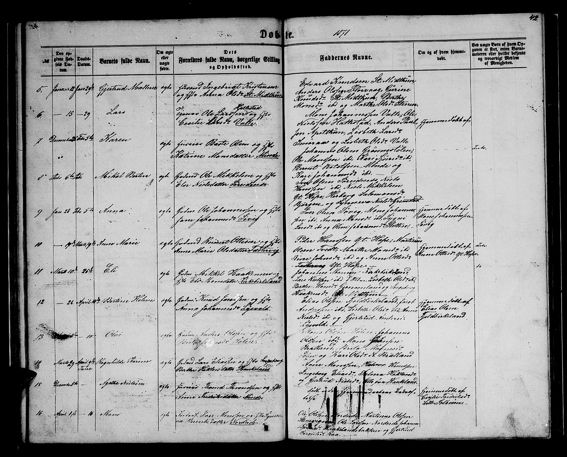 Birkeland Sokneprestembete, SAB/A-74601/H/Hab: Parish register (copy) no. A 2, 1863-1876, p. 42