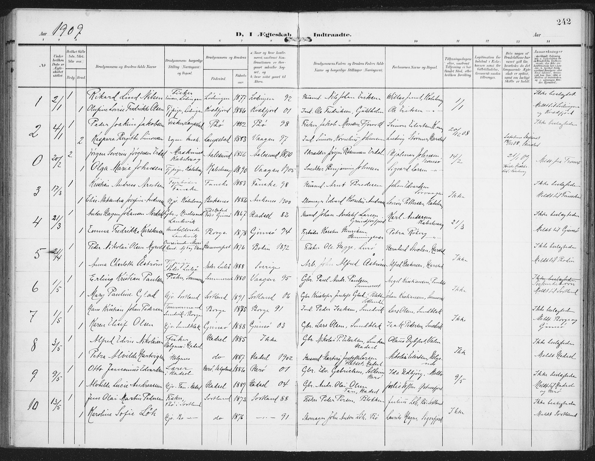 Ministerialprotokoller, klokkerbøker og fødselsregistre - Nordland, SAT/A-1459/874/L1063: Parish register (official) no. 874A07, 1907-1915, p. 242