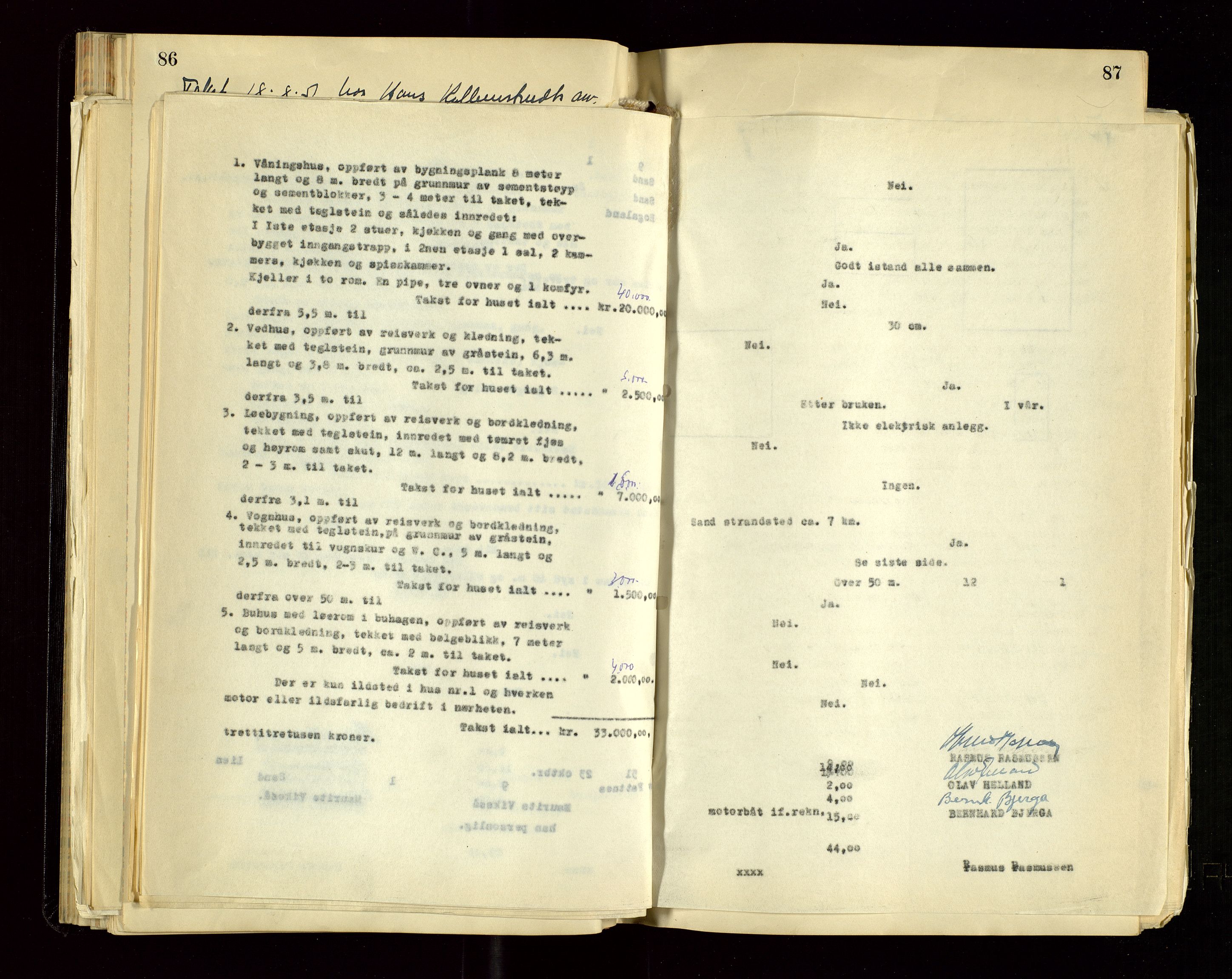 Sand lensmannskontor, AV/SAST-A-100415/Gob/L0004: Branntakstprotokoll, 1937-1955, p. 86-87