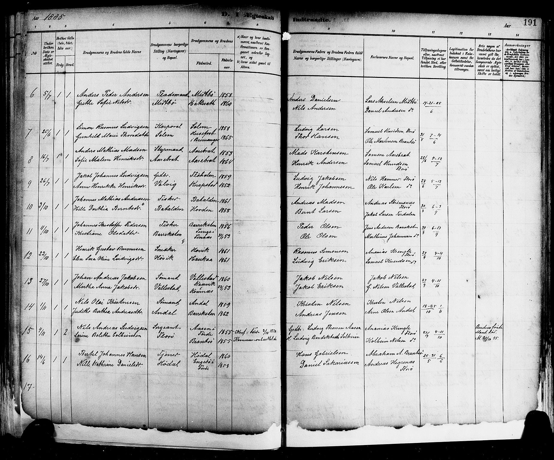 Kinn sokneprestembete, SAB/A-80801/H/Hab/Haba/L0002: Parish register (copy) no. A 2, 1882-1906, p. 191