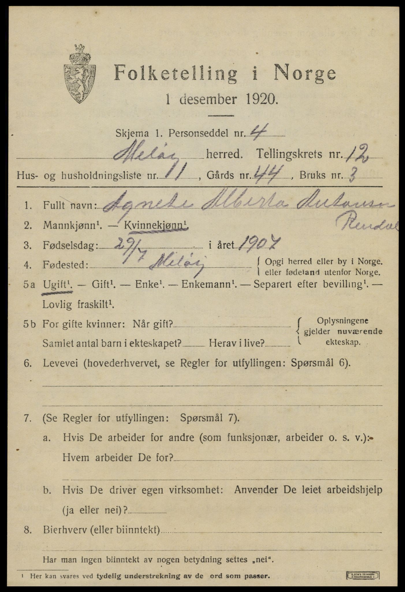 SAT, 1920 census for Meløy, 1920, p. 7607