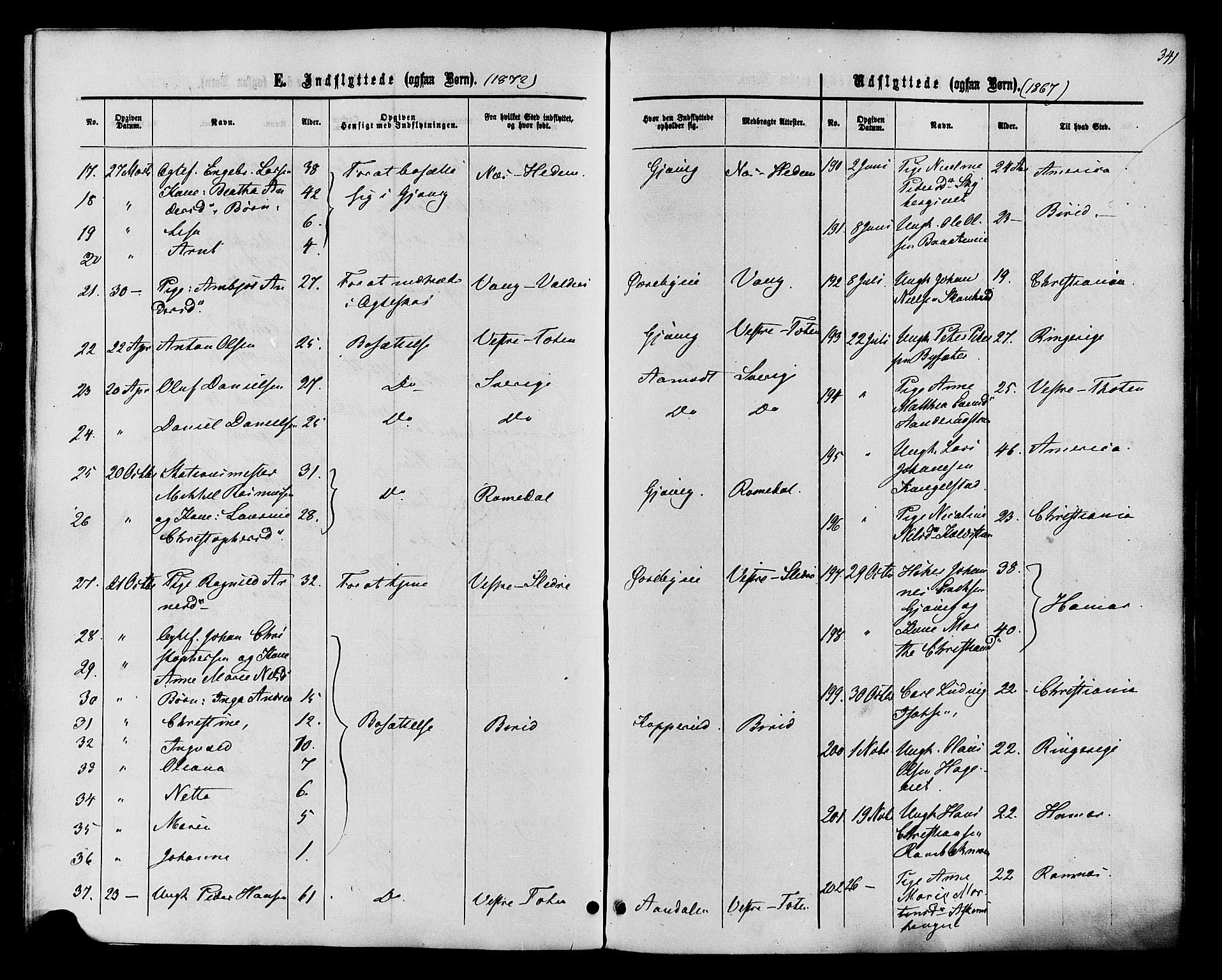 Vardal prestekontor, SAH/PREST-100/H/Ha/Haa/L0007: Parish register (official) no. 7, 1867-1878, p. 341