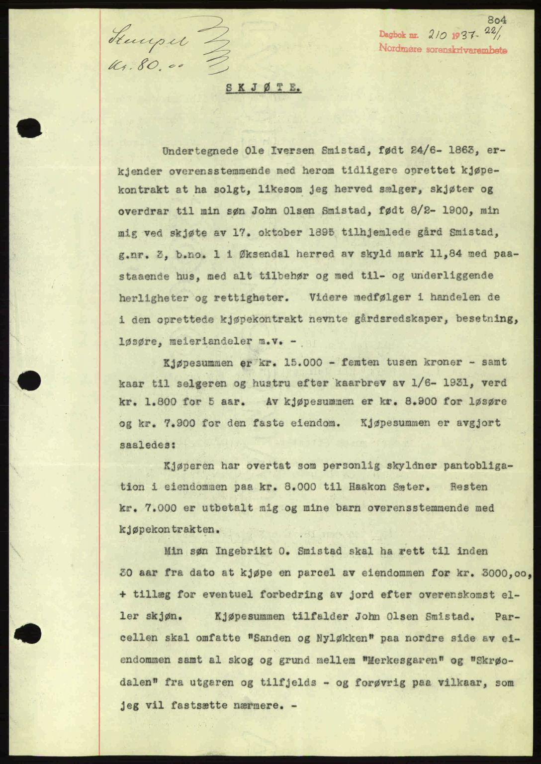 Nordmøre sorenskriveri, AV/SAT-A-4132/1/2/2Ca: Mortgage book no. A80, 1936-1937, Diary no: : 210/1937