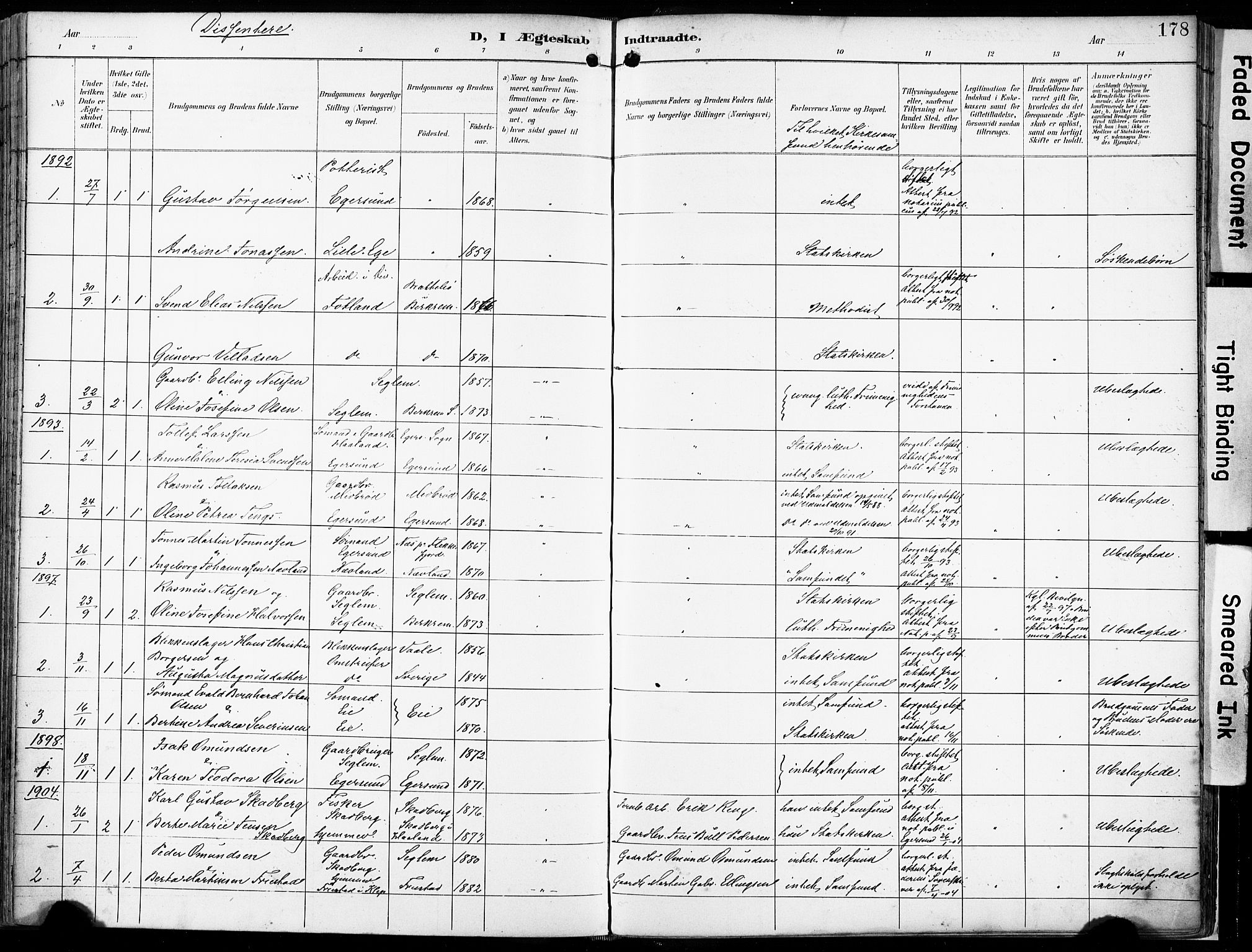 Eigersund sokneprestkontor, SAST/A-101807/S08/L0018: Parish register (official) no. A 17, 1892-1905, p. 178