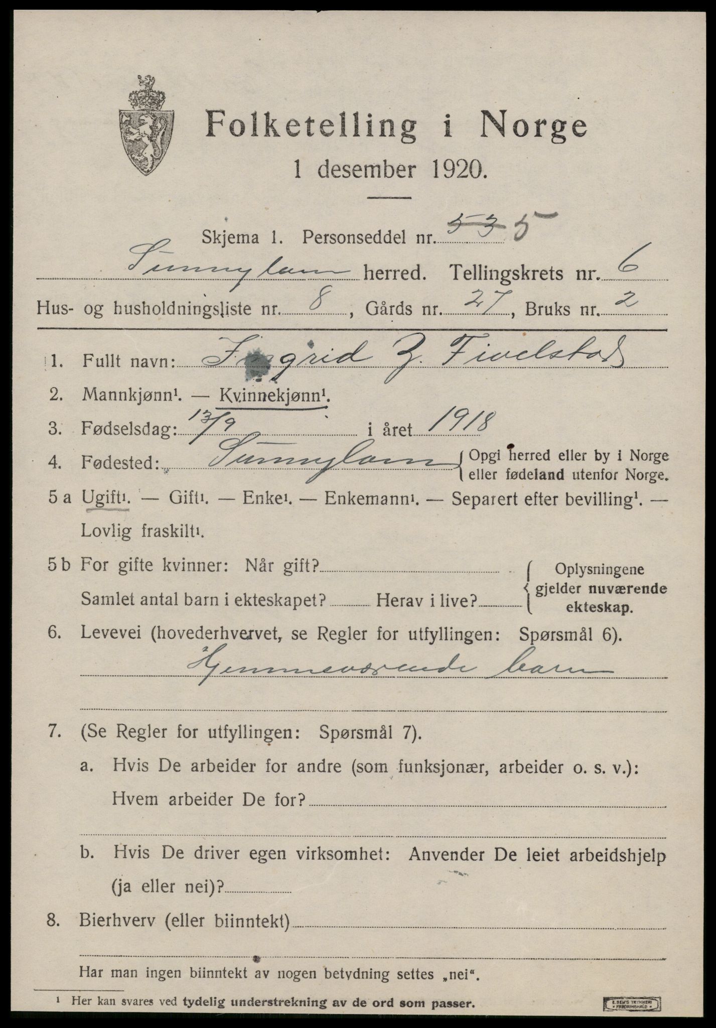 SAT, 1920 census for Sunnylven, 1920, p. 2530