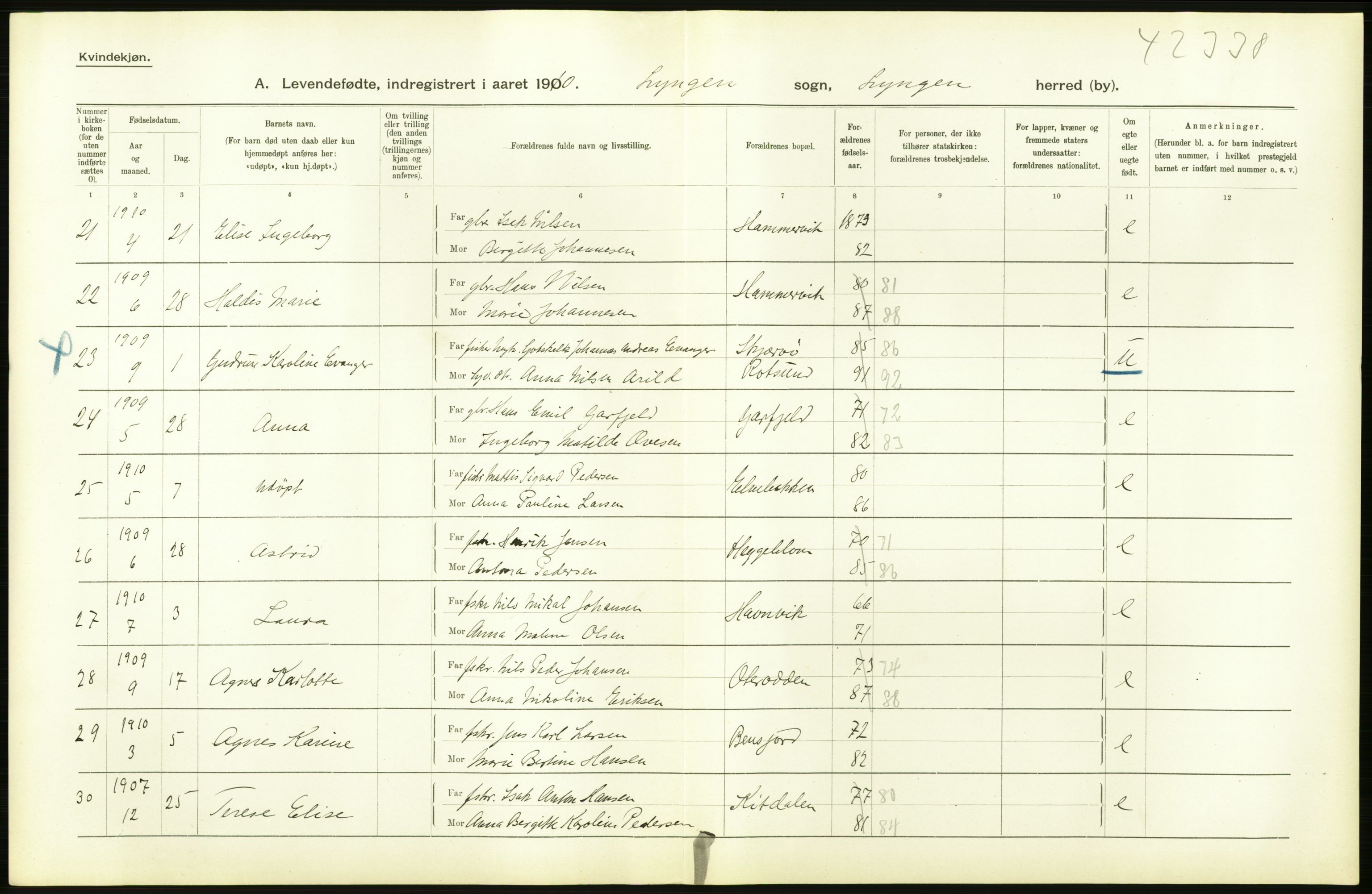 Statistisk sentralbyrå, Sosiodemografiske emner, Befolkning, AV/RA-S-2228/D/Df/Dfa/Dfah/L0043: Tromsø amt: Levendefødte menn og kvinner. Bygder og byer., 1910, p. 16