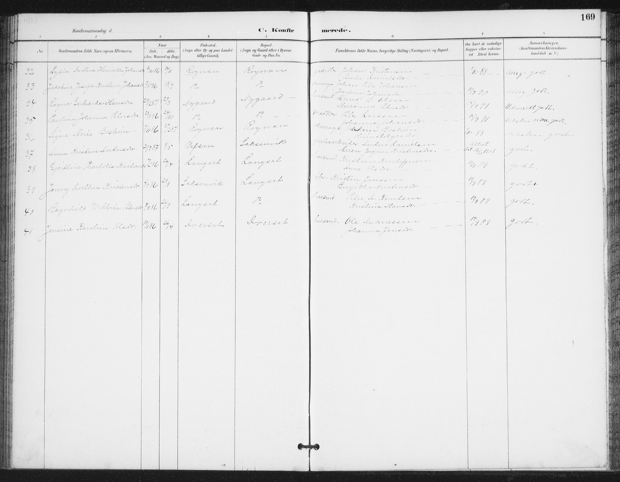 Ministerialprotokoller, klokkerbøker og fødselsregistre - Nordland, AV/SAT-A-1459/847/L0682: Parish register (copy) no. 847C10, 1889-1907, p. 169