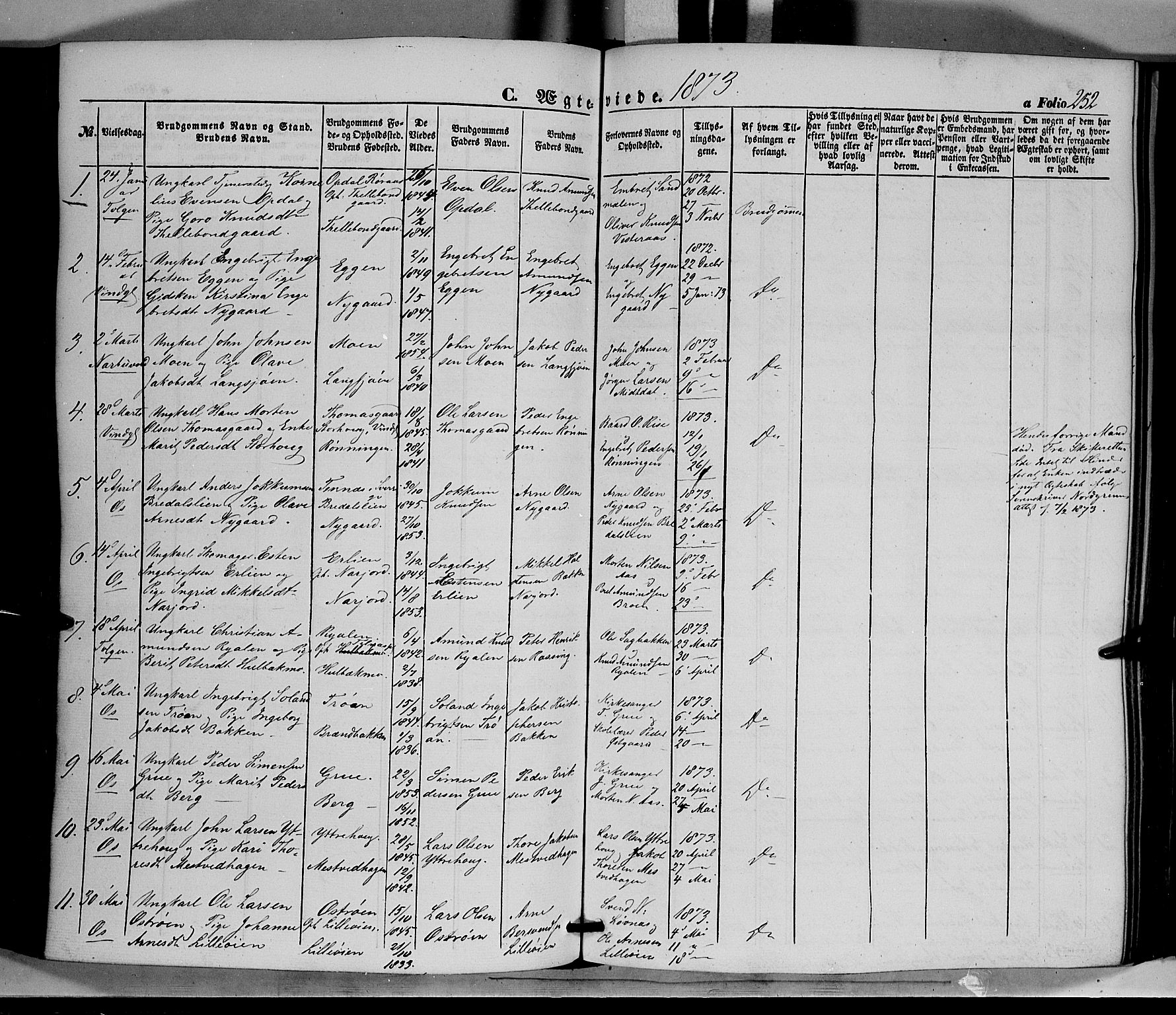 Tolga prestekontor, SAH/PREST-062/K/L0006: Parish register (official) no. 6, 1852-1876, p. 252