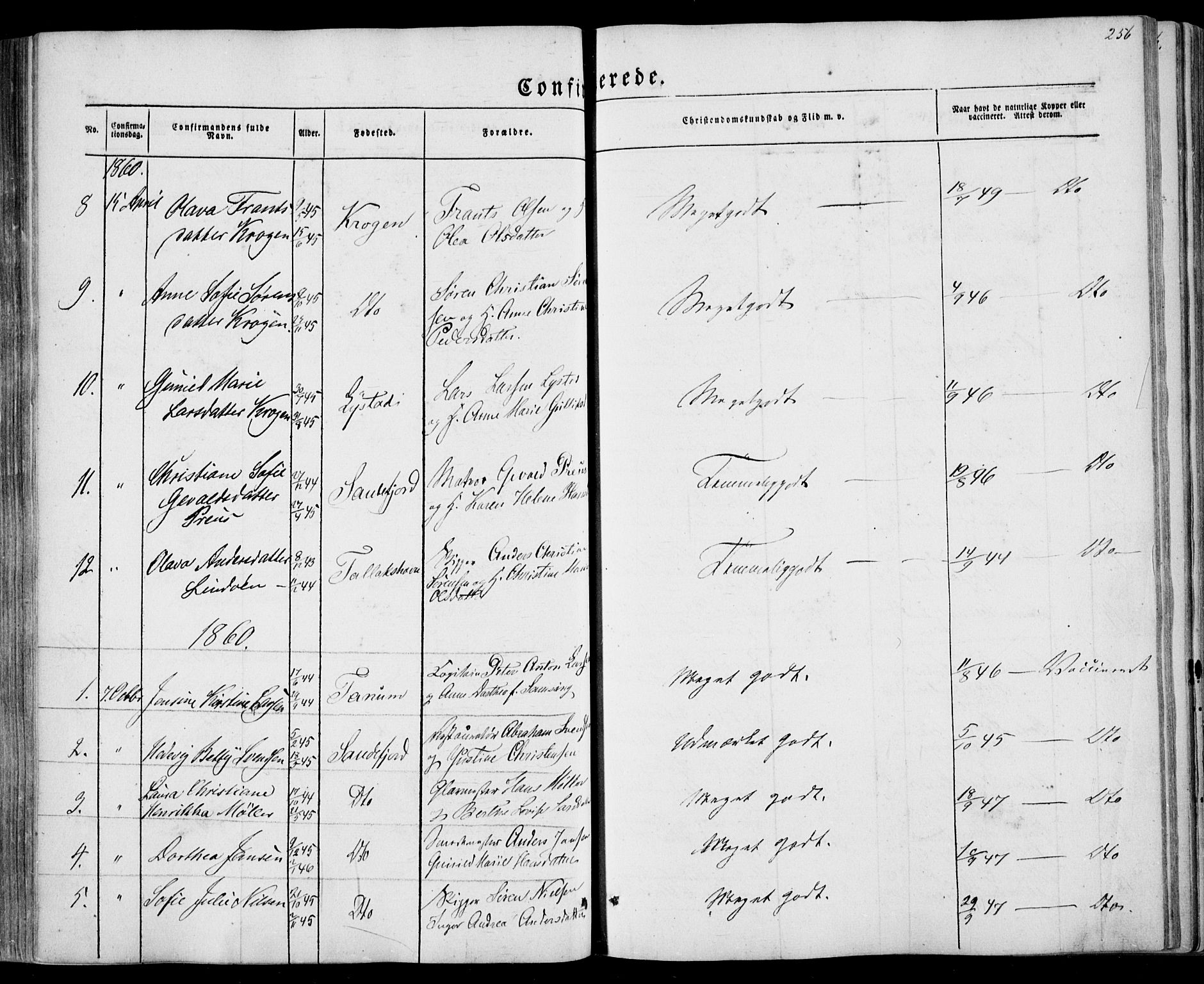 Sandar kirkebøker, SAKO/A-243/F/Fa/L0007: Parish register (official) no. 7, 1855-1861, p. 256