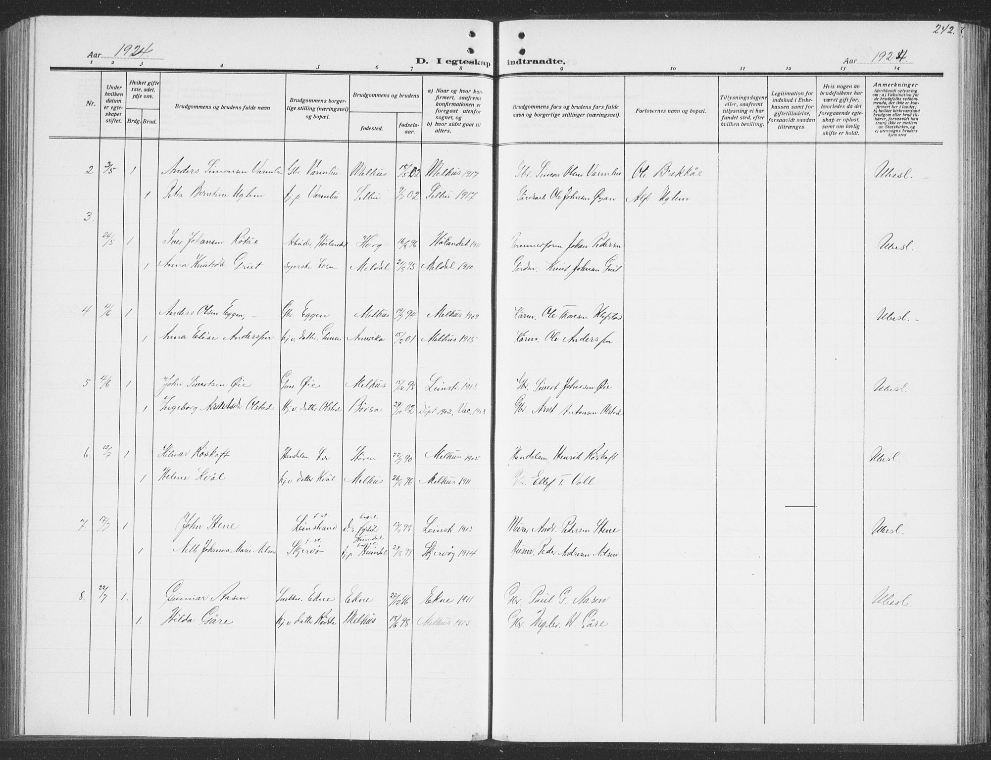 Ministerialprotokoller, klokkerbøker og fødselsregistre - Sør-Trøndelag, SAT/A-1456/691/L1095: Parish register (copy) no. 691C06, 1912-1933, p. 242