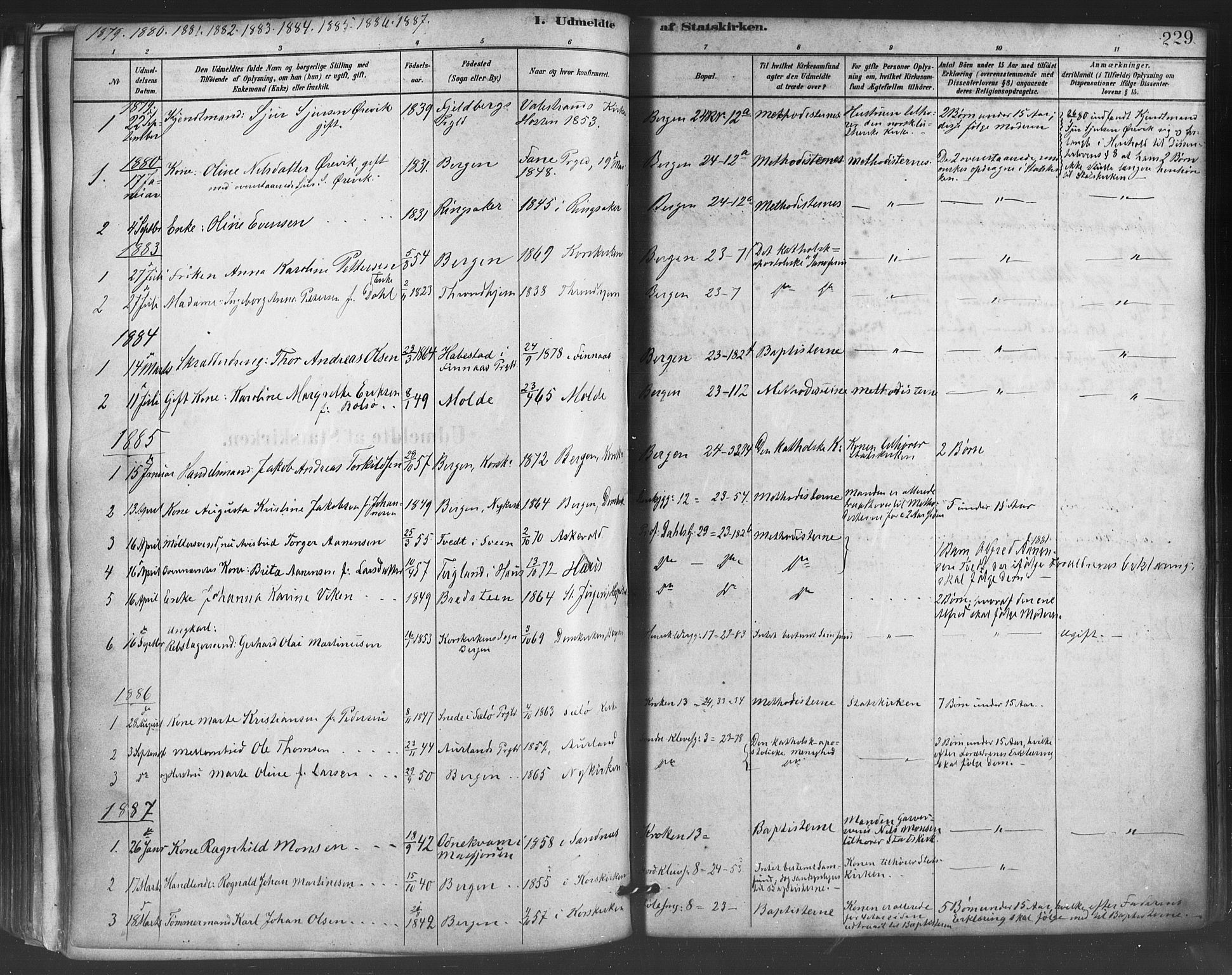 Mariakirken Sokneprestembete, AV/SAB-A-76901/H/Haa/L0007: Parish register (official) no. A 7, 1878-1893, p. 229