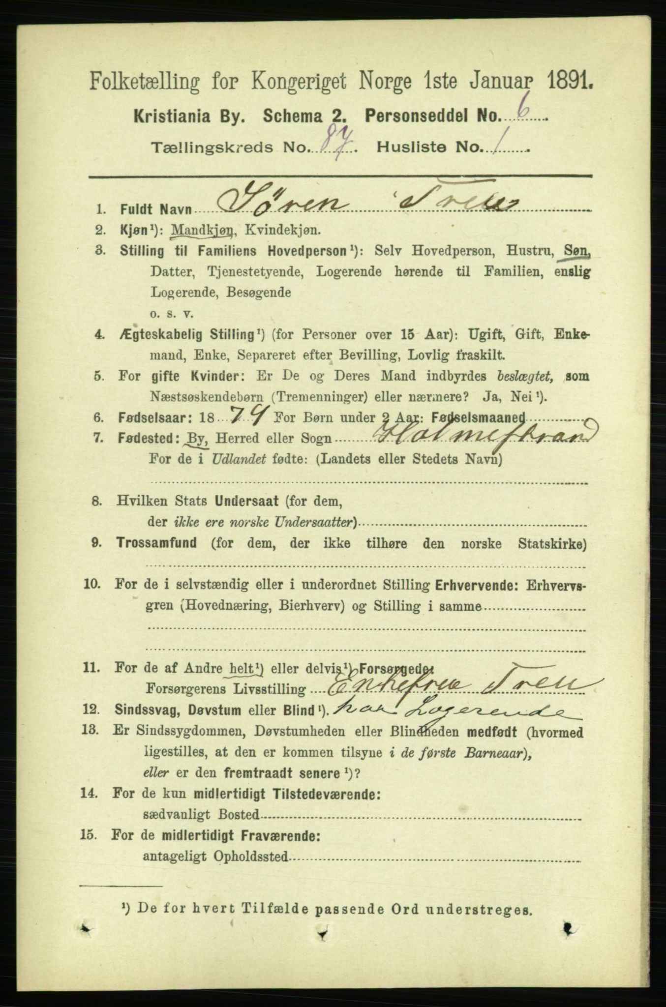 RA, 1891 census for 0301 Kristiania, 1891, p. 43425