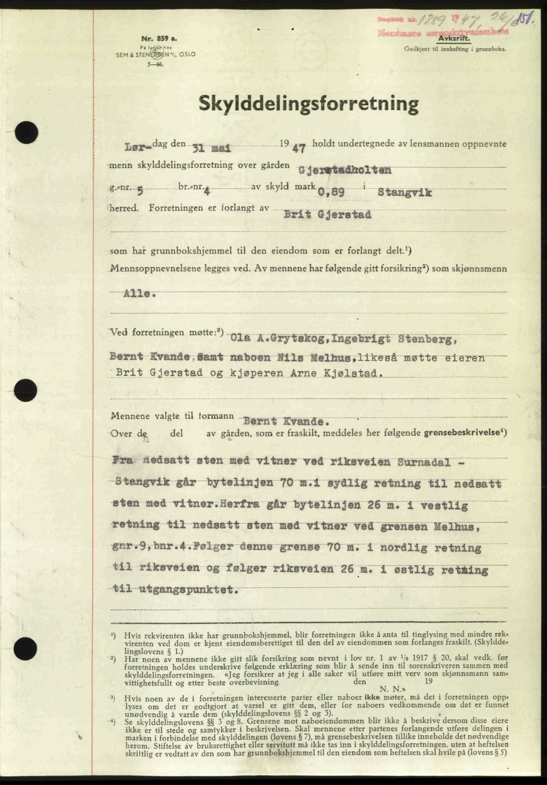 Nordmøre sorenskriveri, AV/SAT-A-4132/1/2/2Ca: Mortgage book no. A105, 1947-1947, Diary no: : 1389/1947