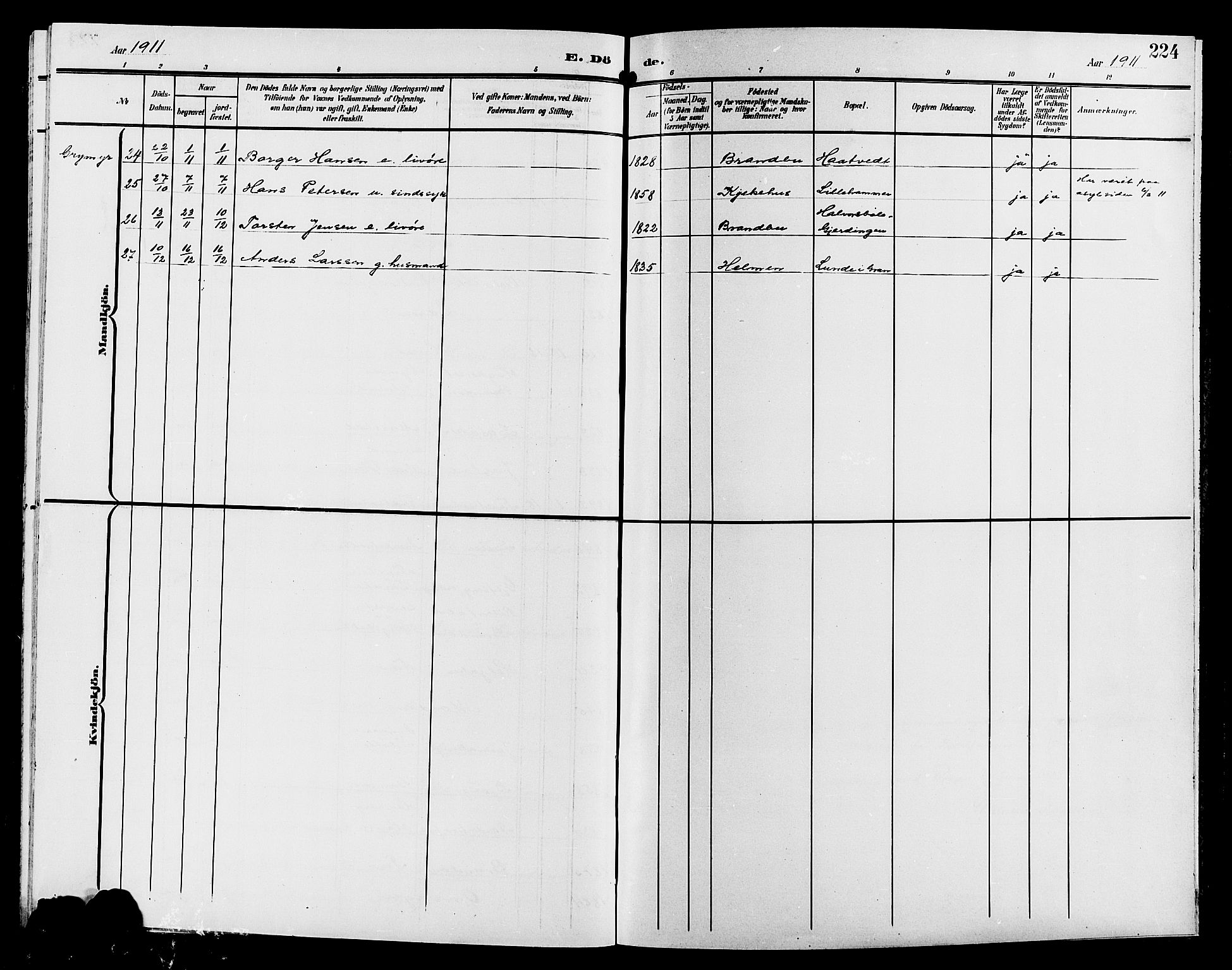 Gran prestekontor, SAH/PREST-112/H/Ha/Hab/L0006: Parish register (copy) no. 6, 1901-1911, p. 224