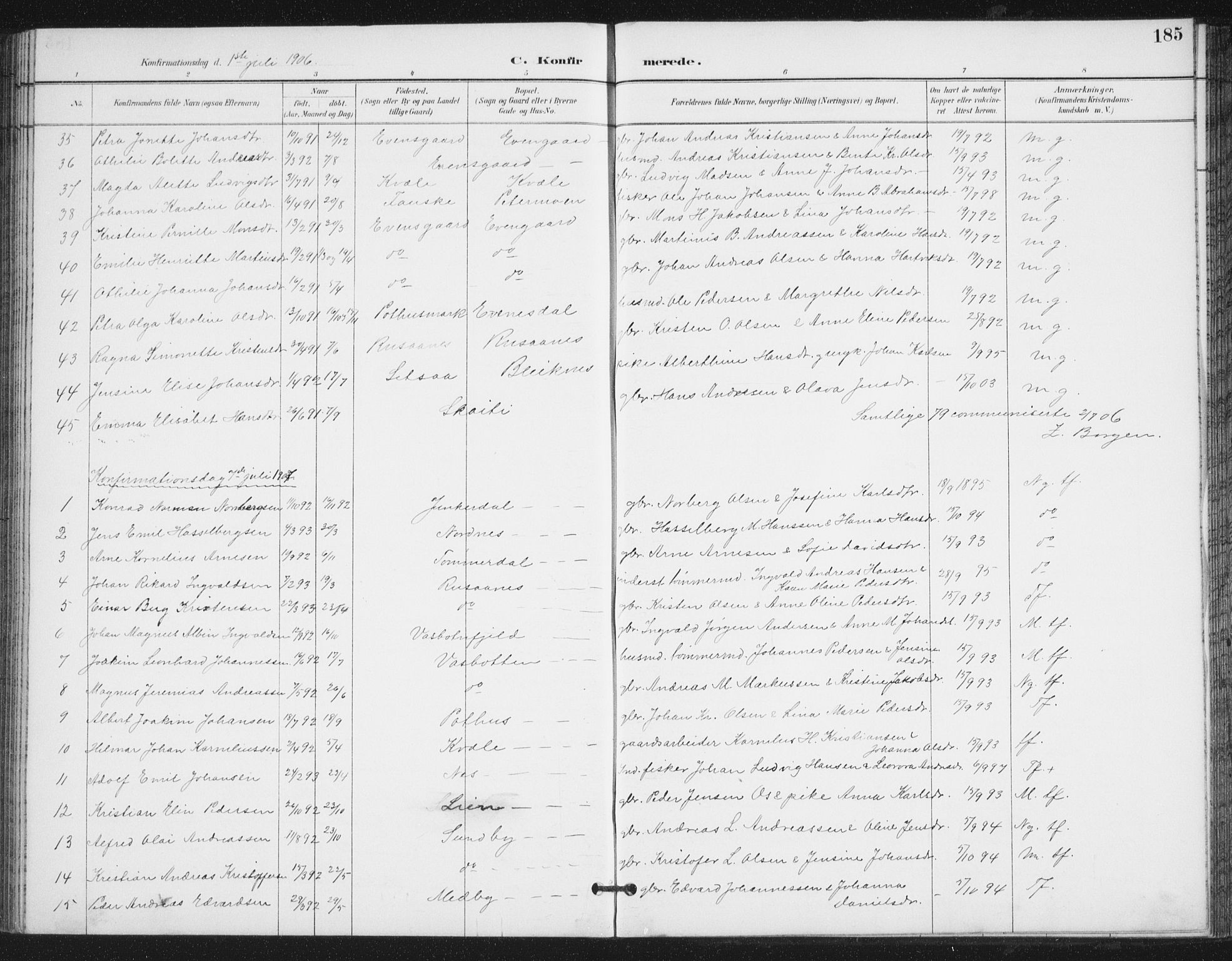 Ministerialprotokoller, klokkerbøker og fødselsregistre - Nordland, AV/SAT-A-1459/847/L0682: Parish register (copy) no. 847C10, 1889-1907, p. 185