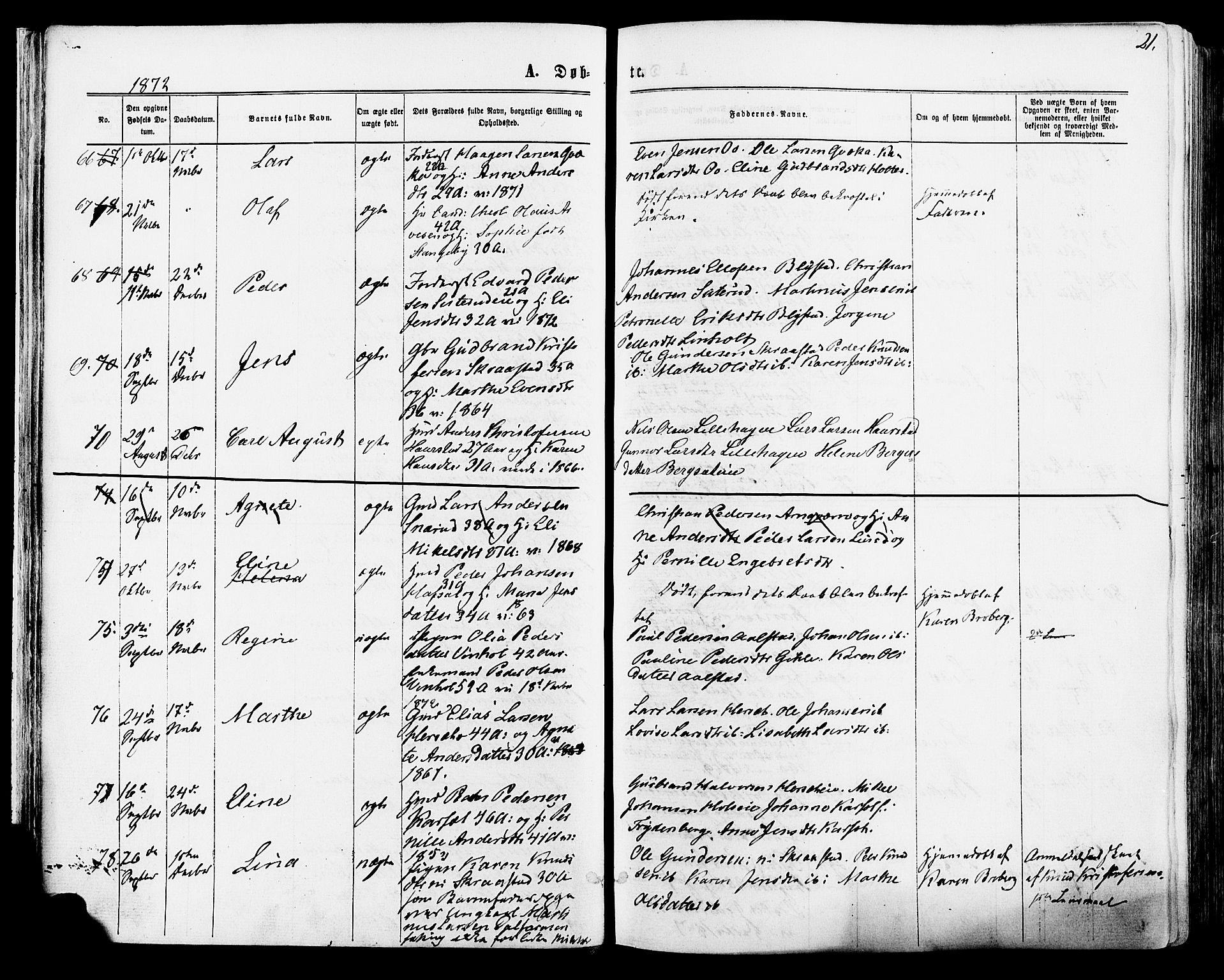 Vang prestekontor, Hedmark, SAH/PREST-008/H/Ha/Haa/L0015: Parish register (official) no. 15, 1871-1885, p. 21