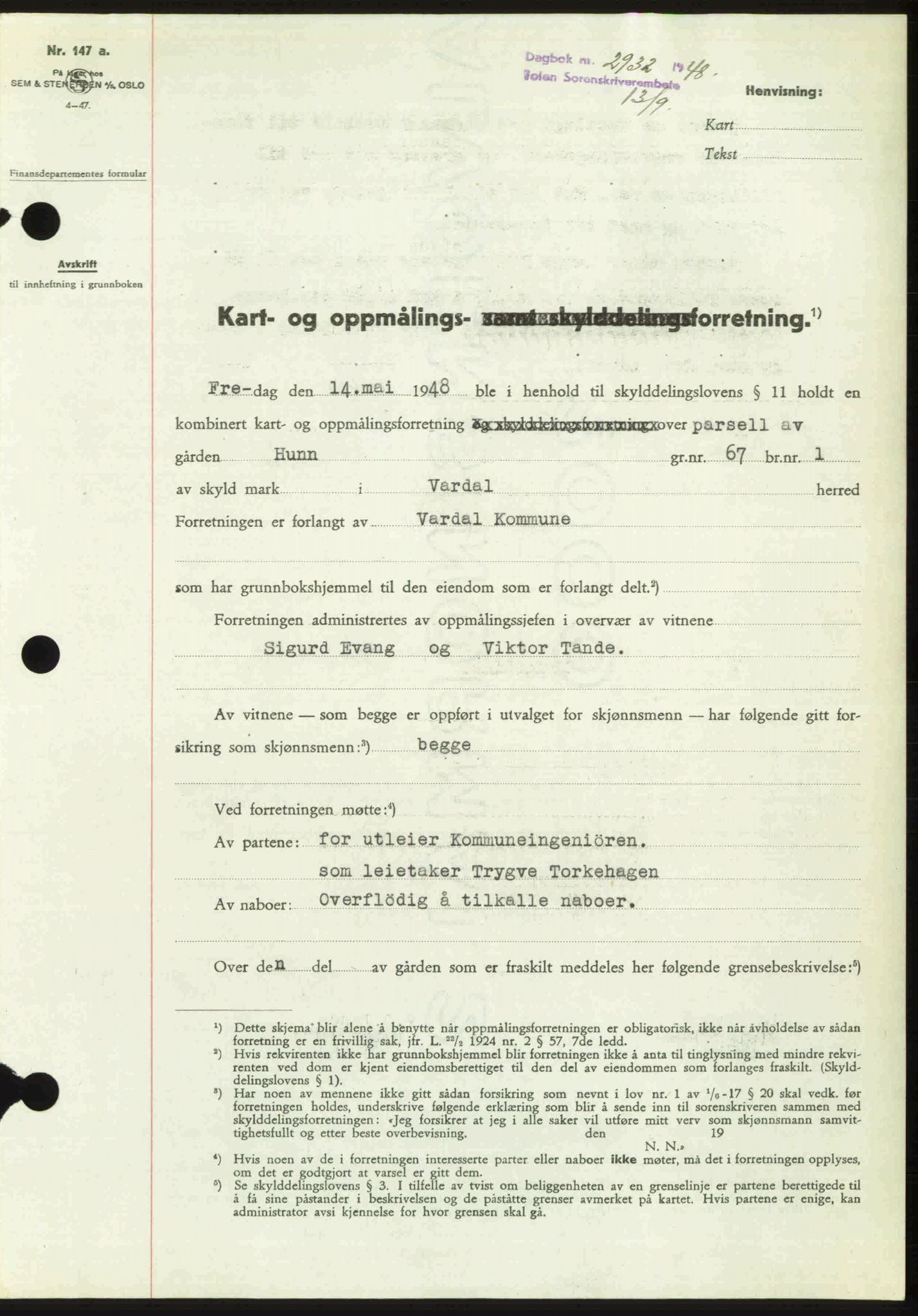 Toten tingrett, SAH/TING-006/H/Hb/Hbc/L0020: Mortgage book no. Hbc-20, 1948-1948, Diary no: : 2932/1948