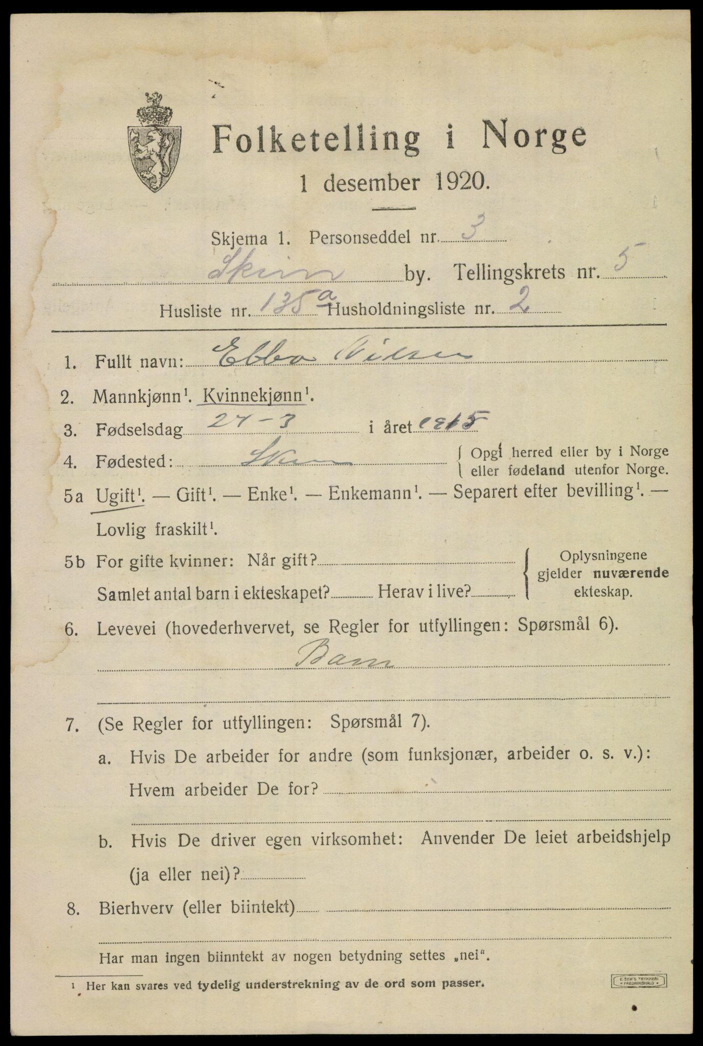 SAKO, 1920 census for Skien, 1920, p. 21796
