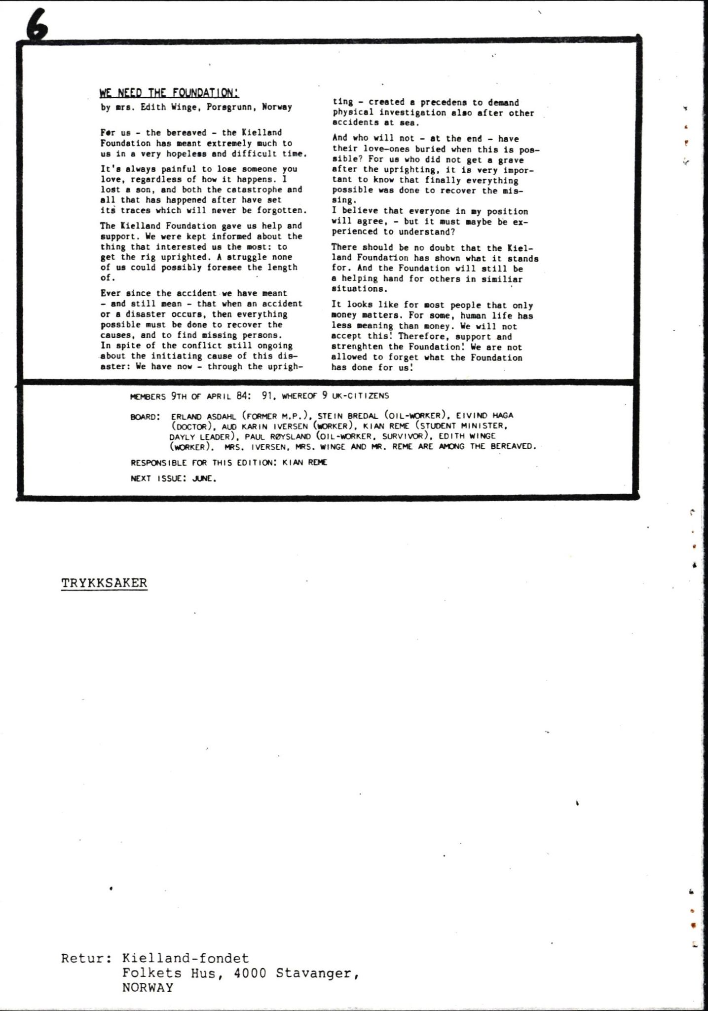 Pa 1660 - Kielland- fondet, AV/SAST-A-102242/X/Xa/L0001: Rapport til overlevende og etterlatte/ Kielland Bulletin, 1980-1998