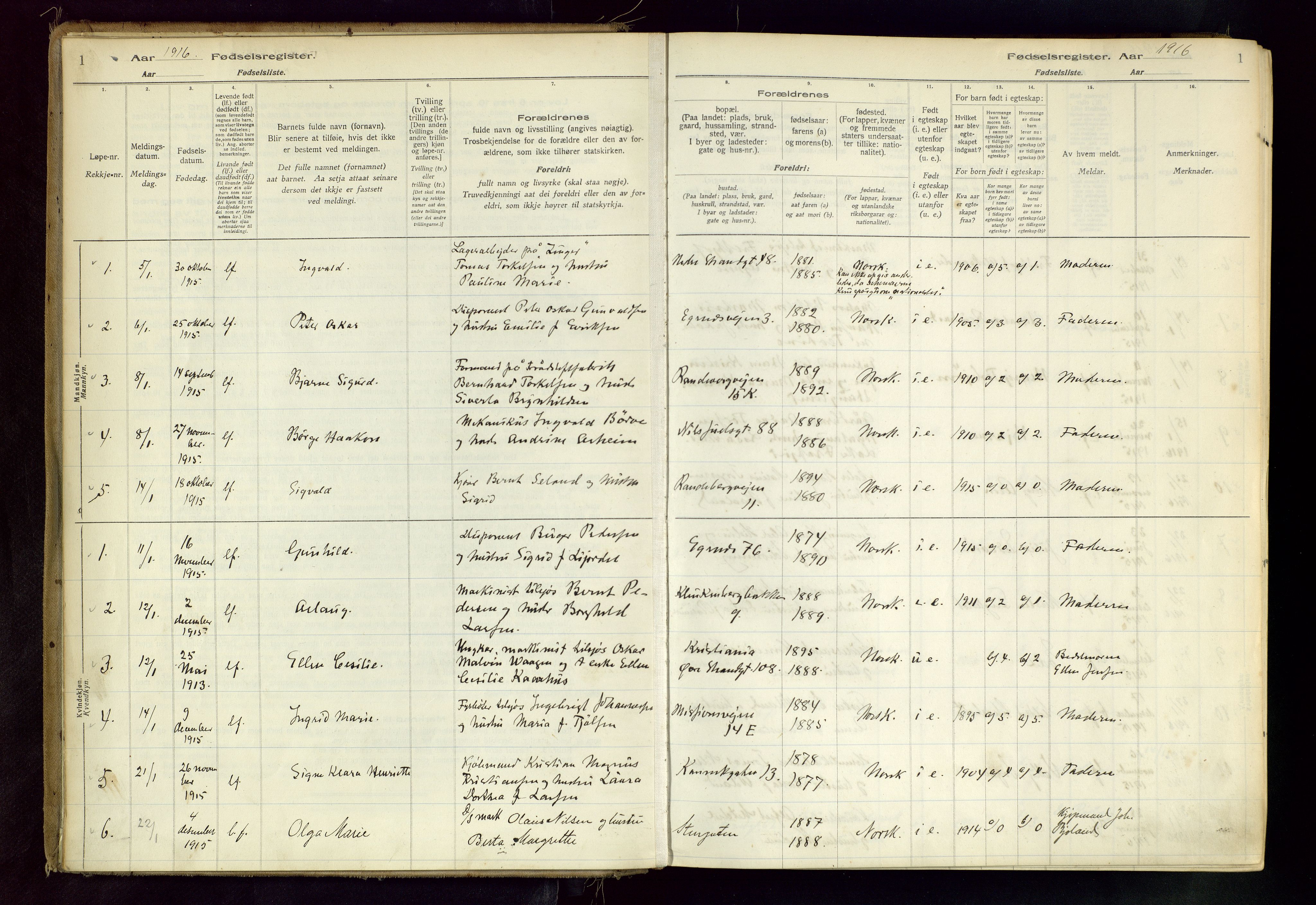 Domkirken sokneprestkontor, AV/SAST-A-101812/002/B/L0001: Birth register no. 1, 1916-1920, p. 1