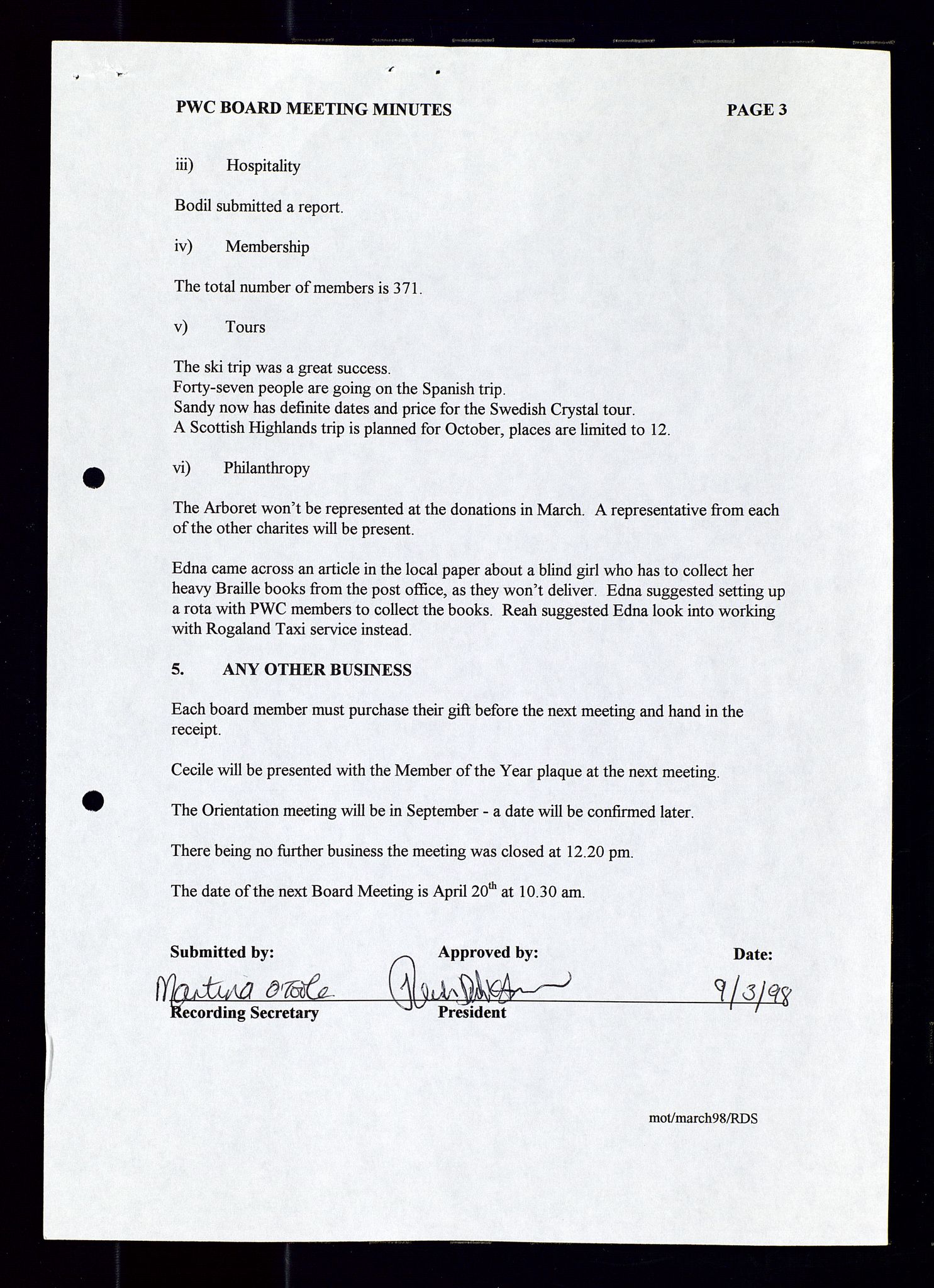 PA 1547 - Petroleum Wives Club, AV/SAST-A-101974/A/Aa/L0003: Board and General Meeting, 1994-1998