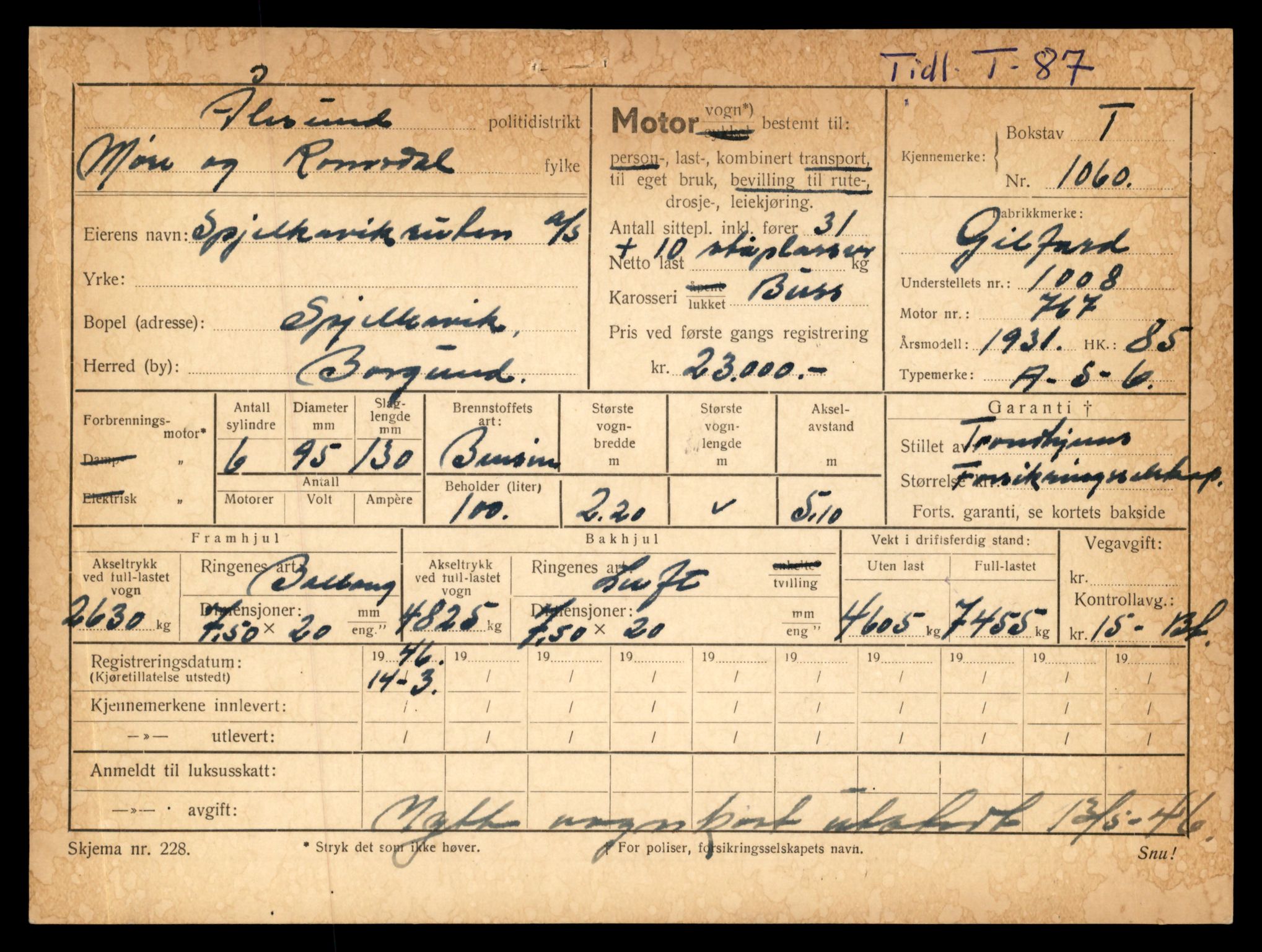 Møre og Romsdal vegkontor - Ålesund trafikkstasjon, SAT/A-4099/F/Fe/L0010: Registreringskort for kjøretøy T 1050 - T 1169, 1927-1998, p. 270