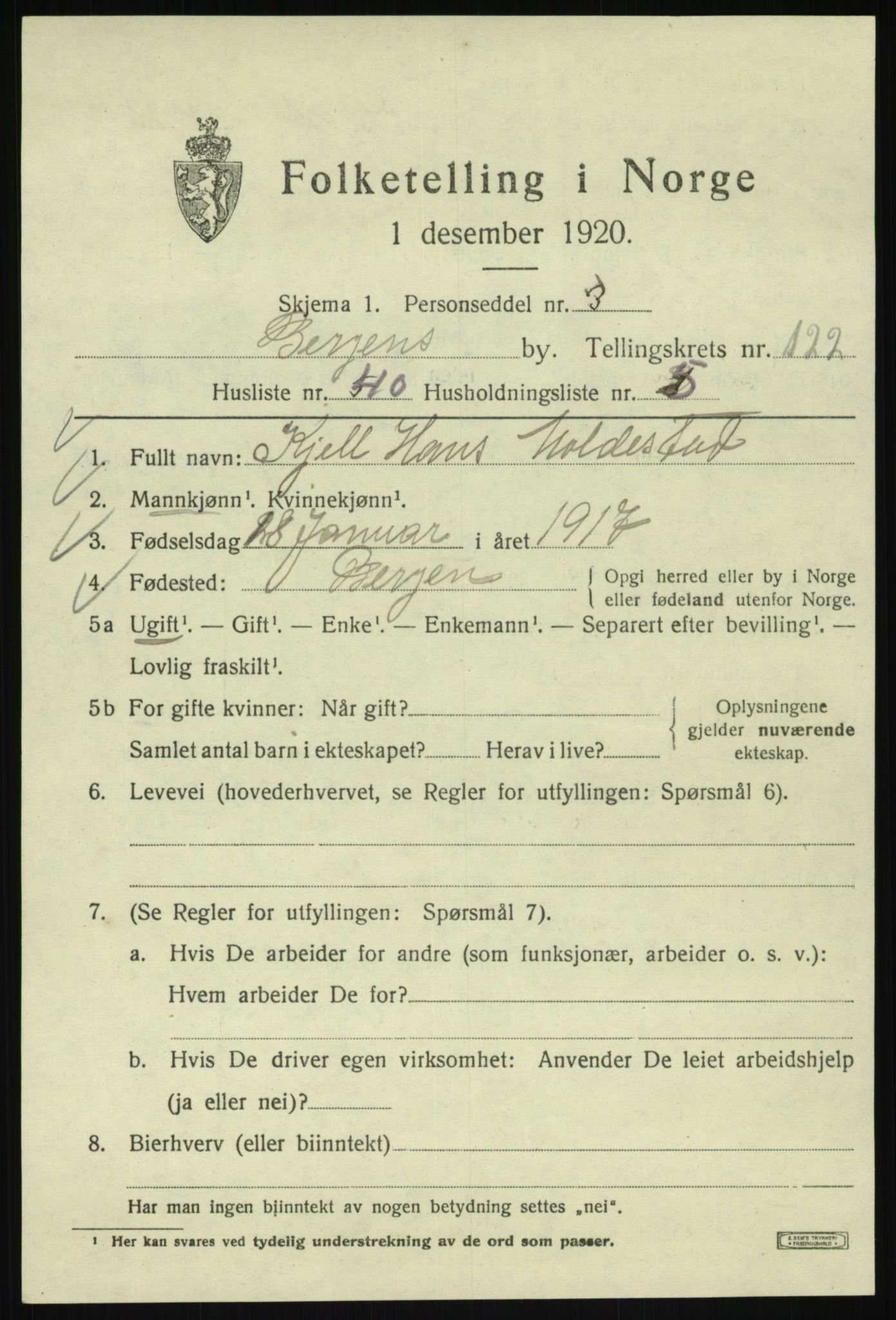 SAB, 1920 census for Bergen, 1920, p. 206518