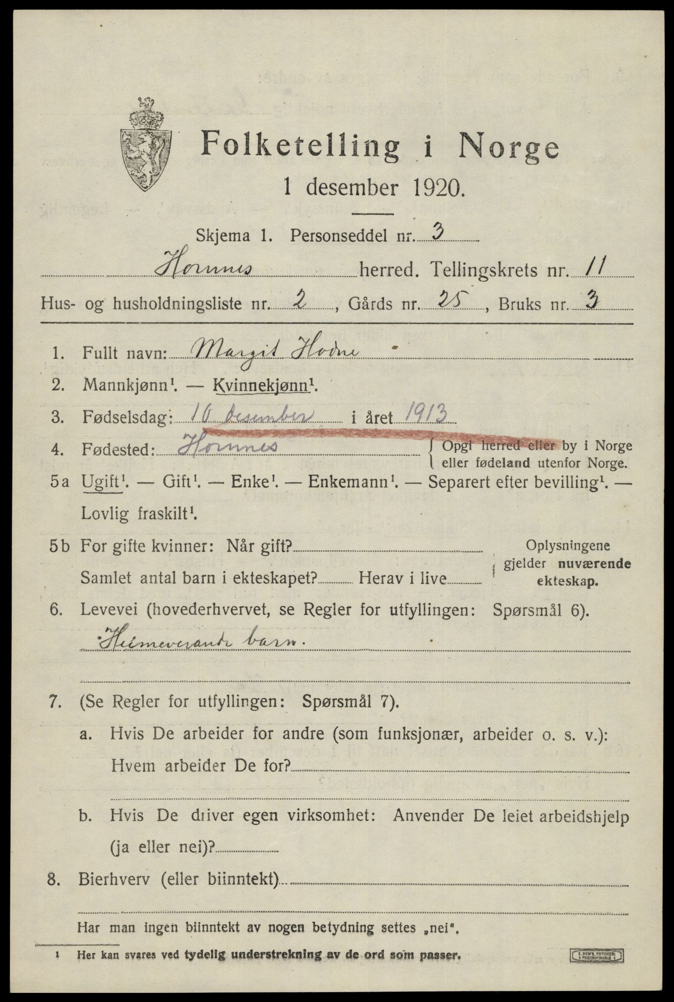 SAK, 1920 census for Hornnes, 1920, p. 2649