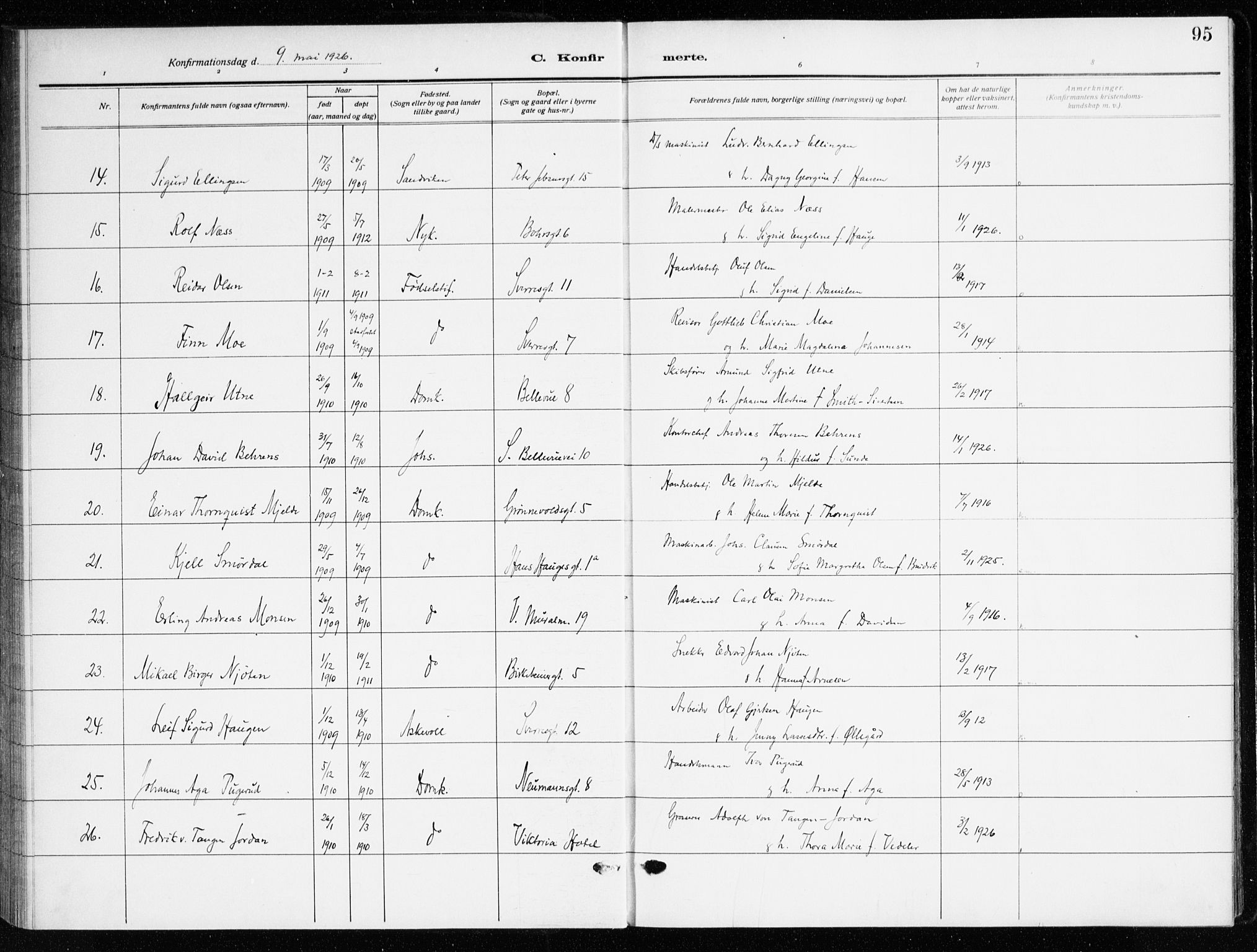 Domkirken sokneprestembete, SAB/A-74801/H/Haa/L0032: Parish register (official) no. C 7, 1915-1930, p. 95