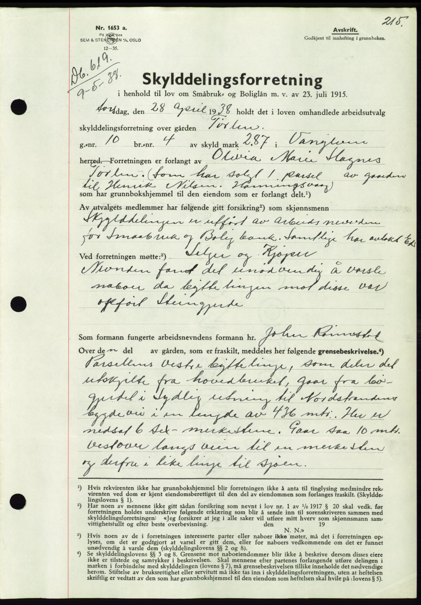 Søre Sunnmøre sorenskriveri, AV/SAT-A-4122/1/2/2C/L0065: Mortgage book no. 59, 1938-1938, Diary no: : 619/1938